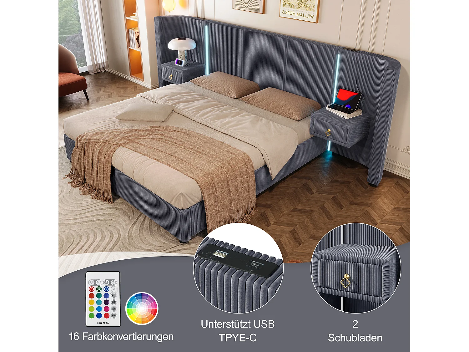 Lit avec rangement hydraulique, 180x200 cm, avec LED, 2 tiroirs, USB et Type-C, Velours, Gris (206.5x295x110 cm)