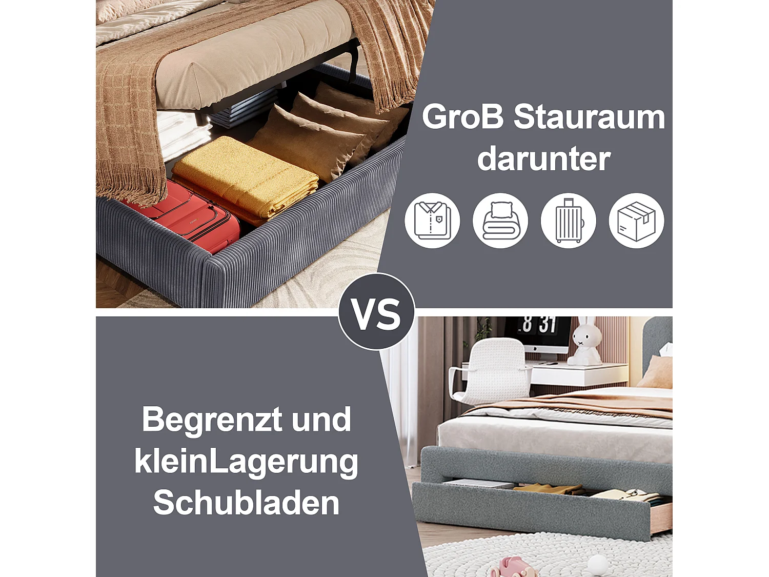 Lit avec rangement hydraulique, 180x200 cm, avec LED, 2 tiroirs, USB et Type-C, Velours, Gris (206.5x295x110 cm)