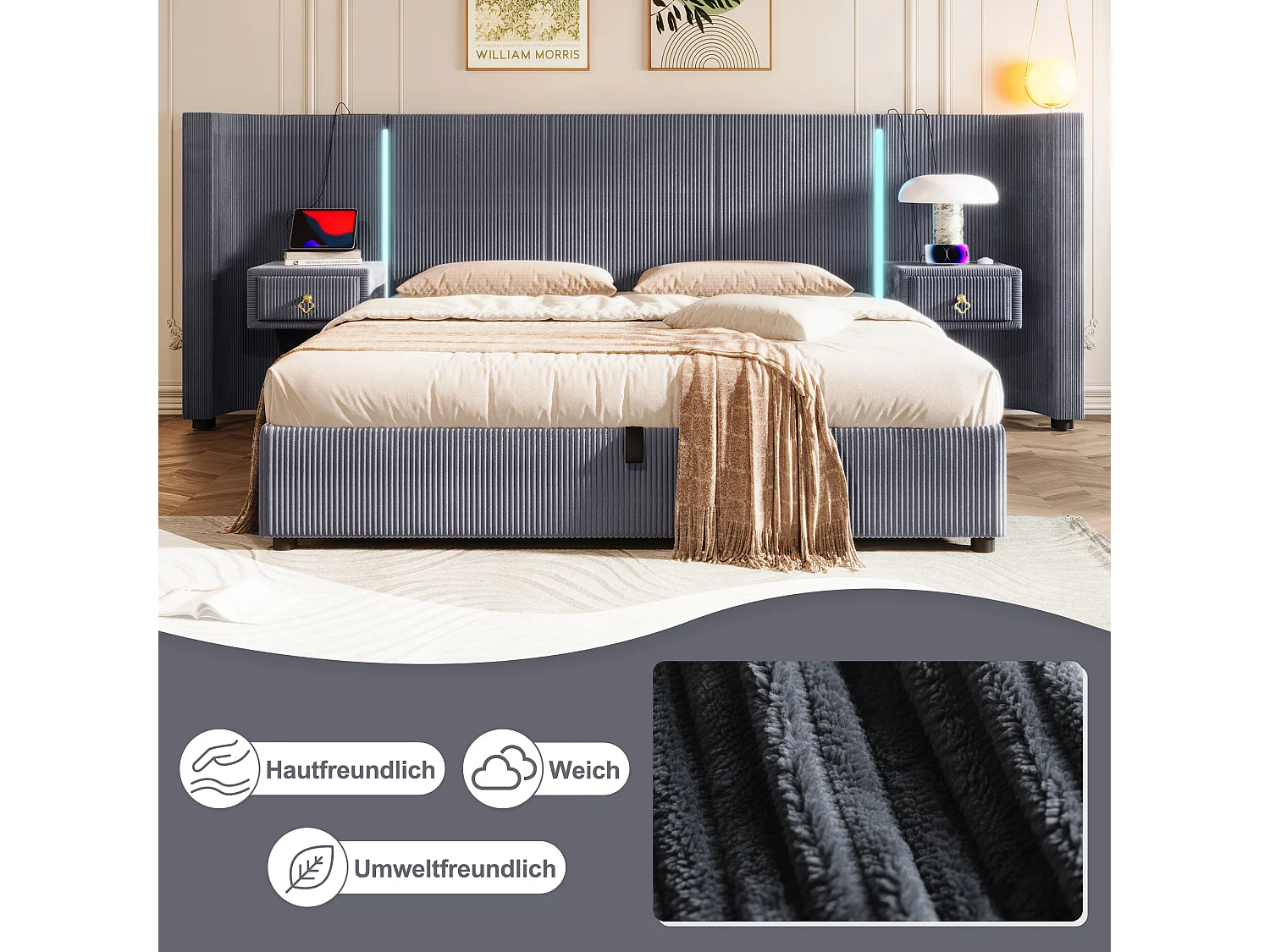 Lit avec rangement hydraulique, 180x200 cm, avec LED, 2 tiroirs, USB et Type-C, Velours, Gris (206.5x295x110 cm)