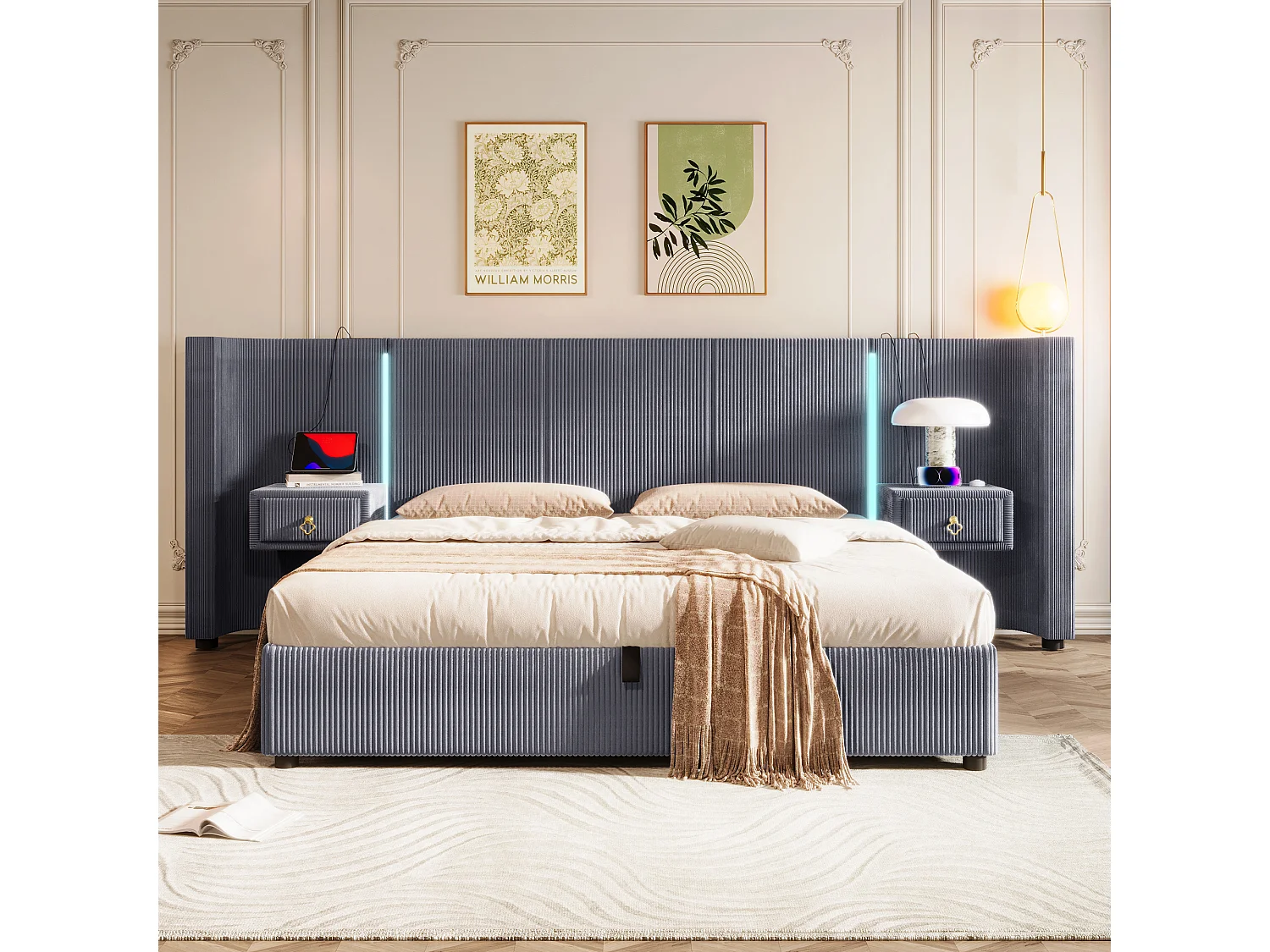 Lit avec rangement hydraulique, 180x200 cm, avec LED, 2 tiroirs, USB et Type-C, Velours, Gris (206.5x295x110 cm)