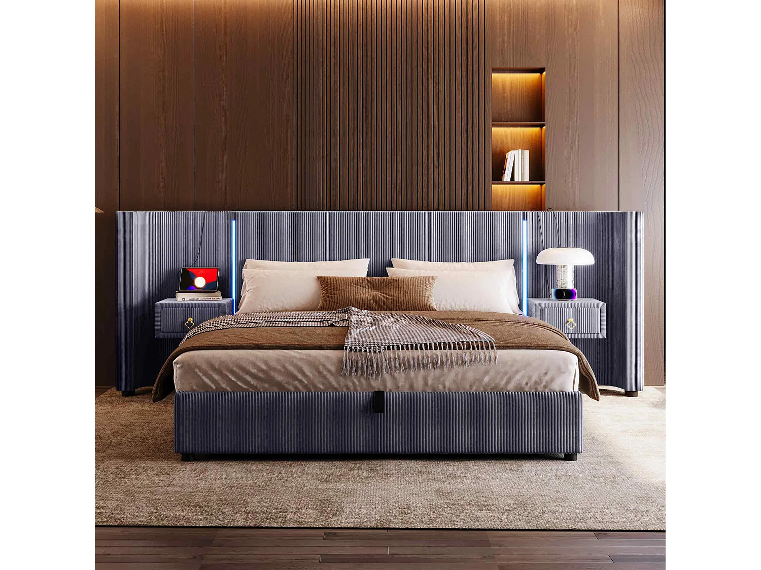 Lit avec rangement hydraulique, 180x200 cm, avec LED, 2 tiroirs, USB et Type-C, Velours, Gris (206.5x295x110 cm)