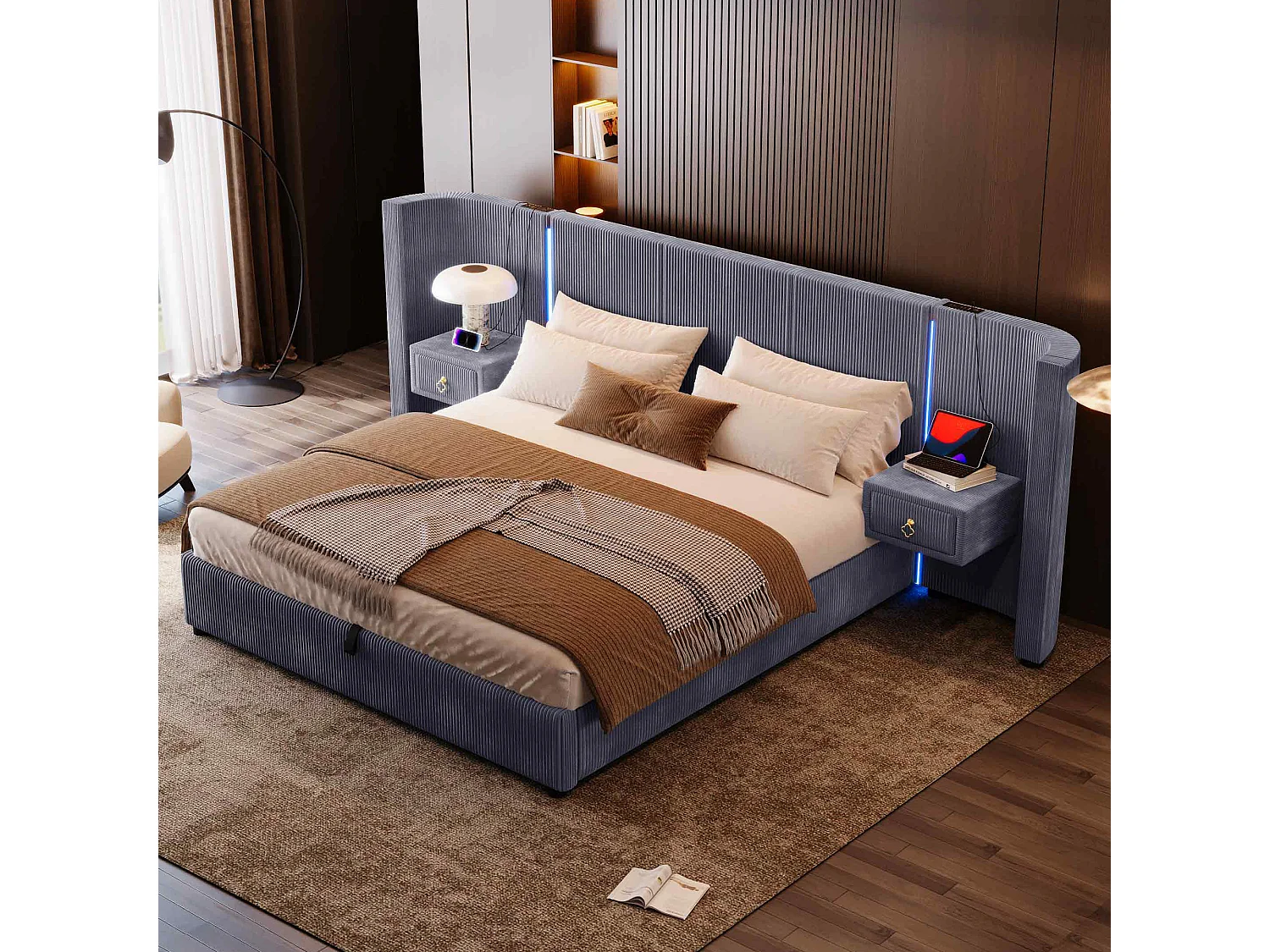 Lit avec rangement hydraulique, 180x200 cm, avec LED, 2 tiroirs, USB et Type-C, Velours, Gris (206.5x295x110 cm)