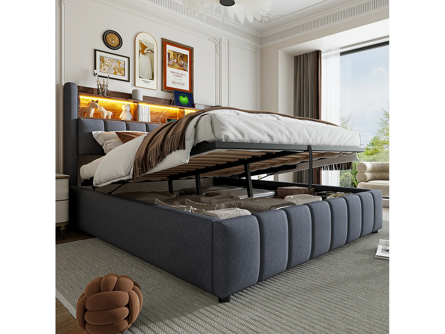 Letto 180x200 cm con LED, presa USB, testiera con ripiani e contenitore, sistema di stoccaggio idraulico, tessuto di lino grigio (215x180x110 cm)