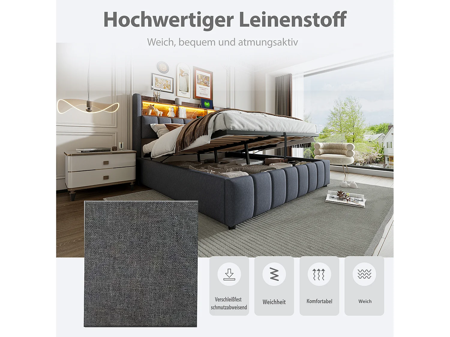 Letto 180x200 cm con LED, presa USB, testiera con ripiani e contenitore, sistema di stoccaggio idraulico, tessuto di lino grigio (215x180x110 cm)