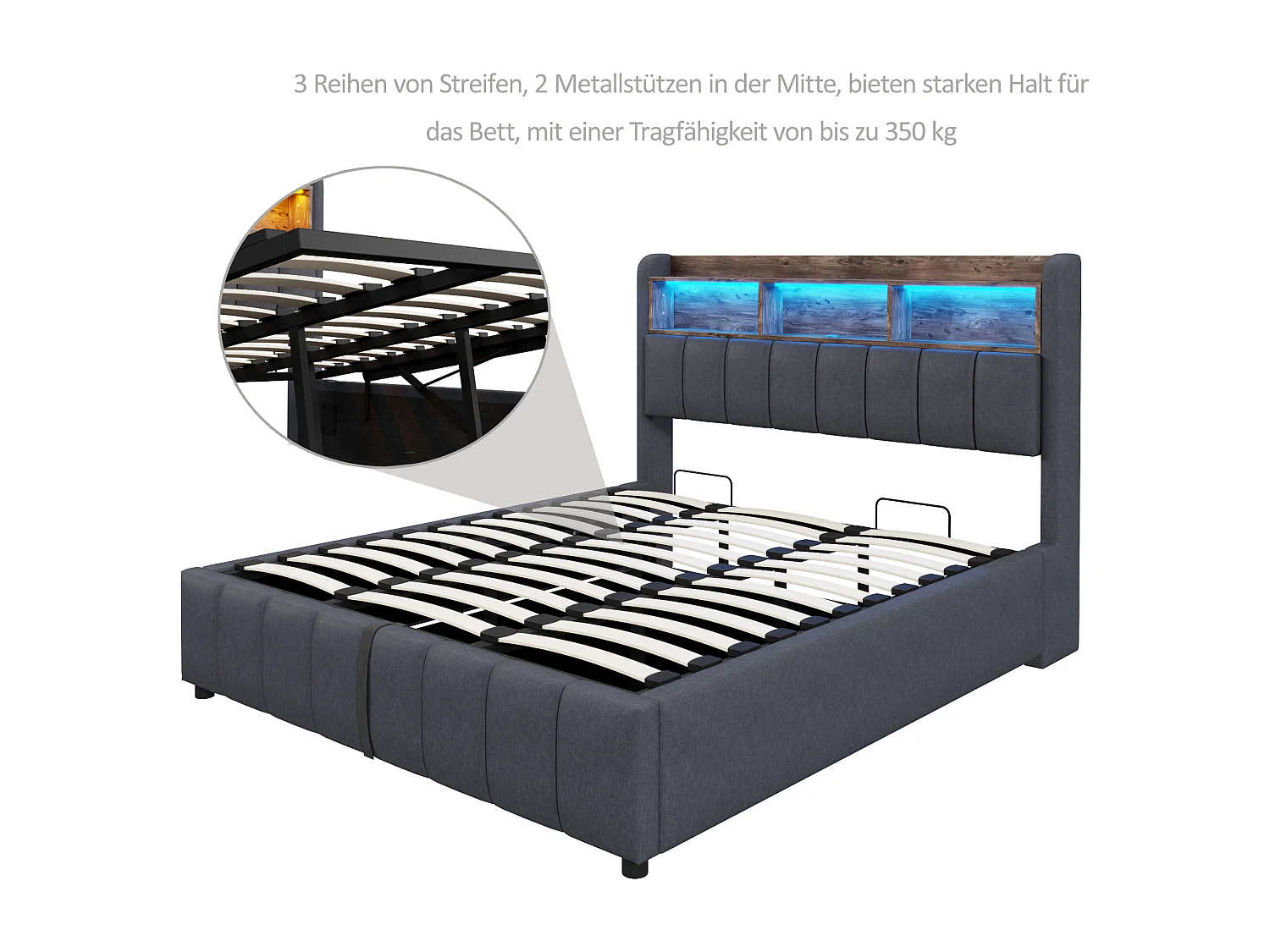 Letto 180x200 cm con LED, presa USB, testiera con ripiani e contenitore, sistema di stoccaggio idraulico, tessuto di lino grigio (215x180x110 cm)