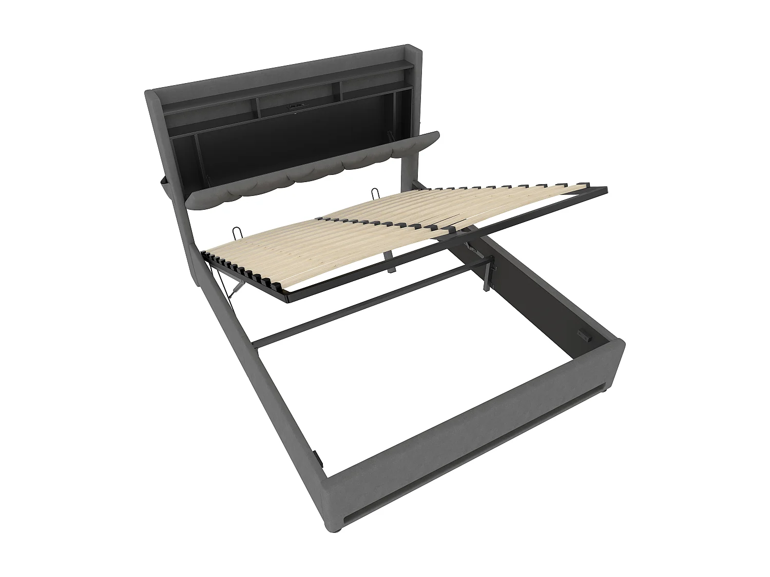 Letto moderno con testiera a LED e contenitore, struttura in velluto grigio, 160x200 cm (146x221x150 cm)