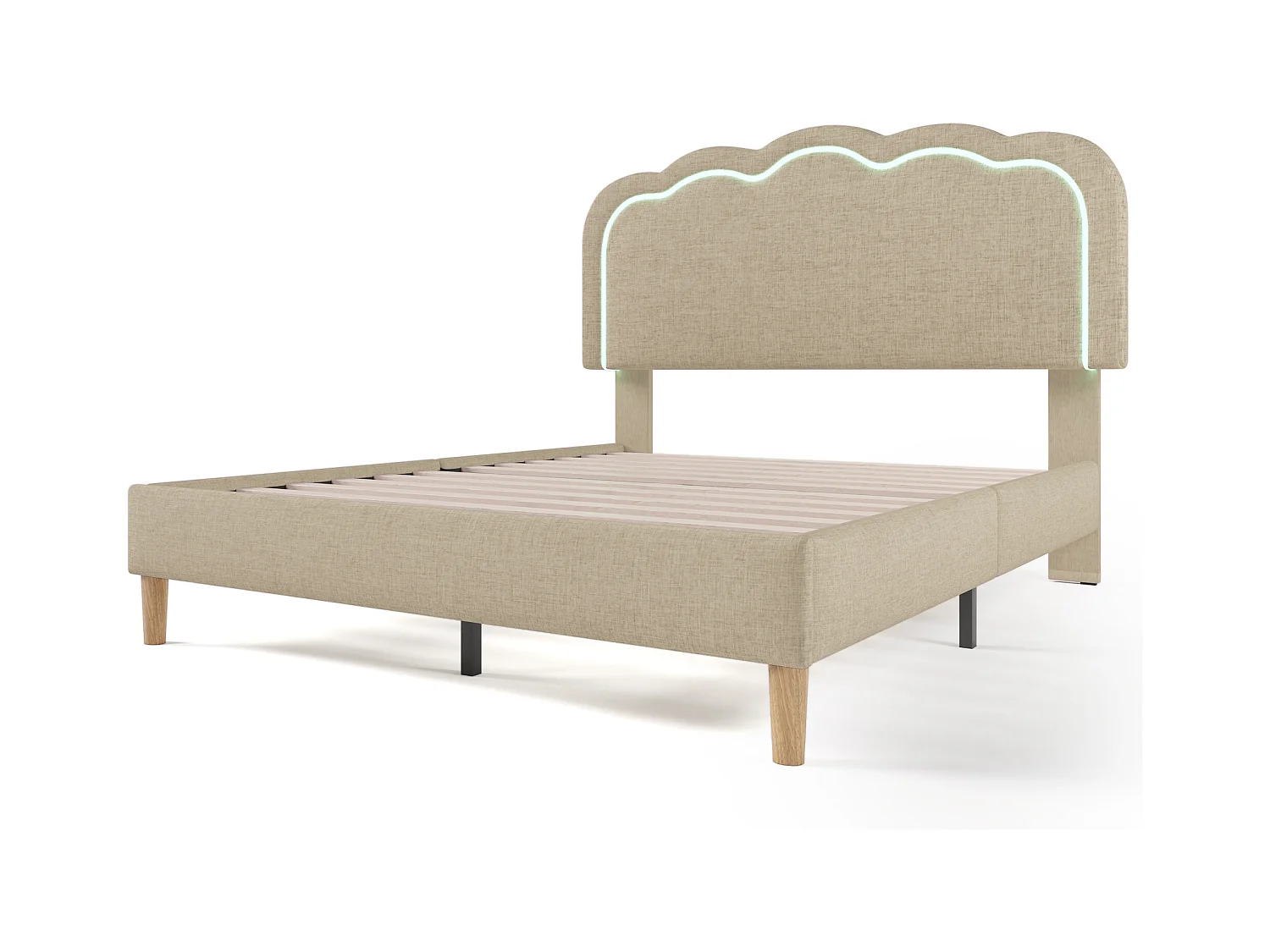 Lit double LED avec tête de lit réglable, velours, beige (140x200x104-109cm)