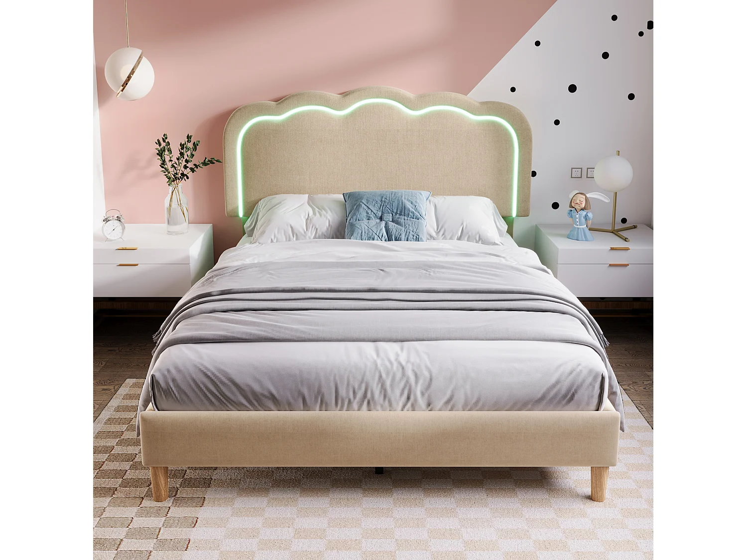 Lit double LED avec tête de lit réglable, velours, beige (140x200x104-109cm)