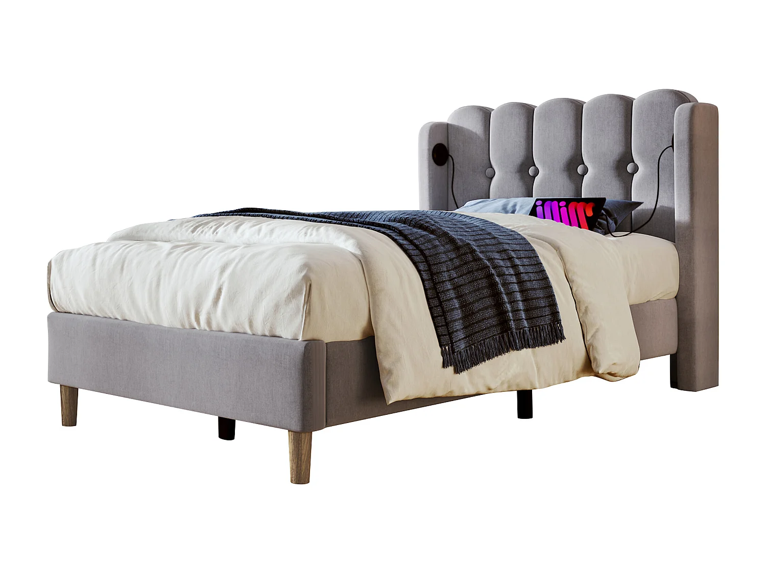 Eenpersoonsbed met USB Type C-oplaadfunctie, grijs linnen frame, houten onderstel, 90x200cm