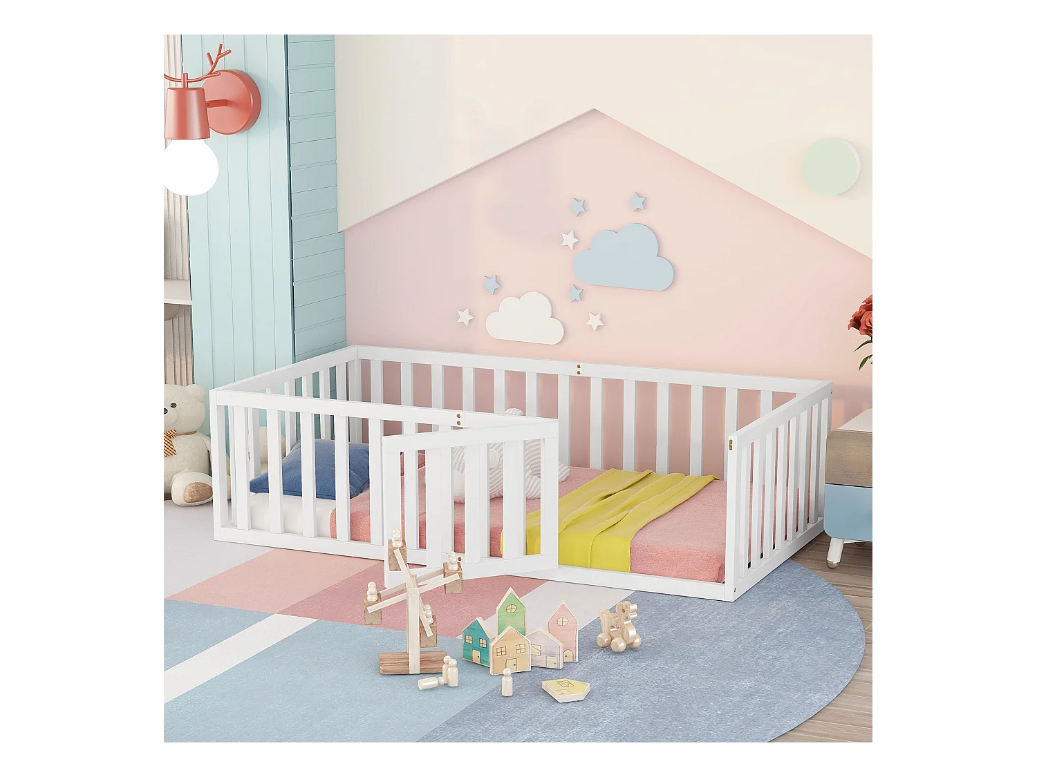 Lit enfant 90x200 avec cadre en bois, clôture et porte, blanc (206x97x60 cm)