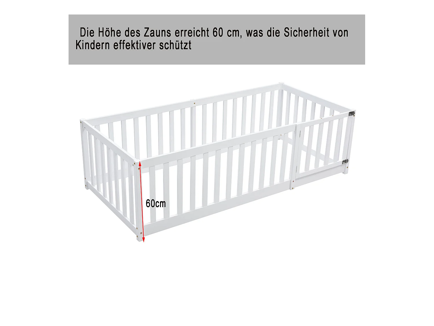 Lit enfant 90x200 avec cadre en bois, clôture et porte, blanc (206x97x60 cm)