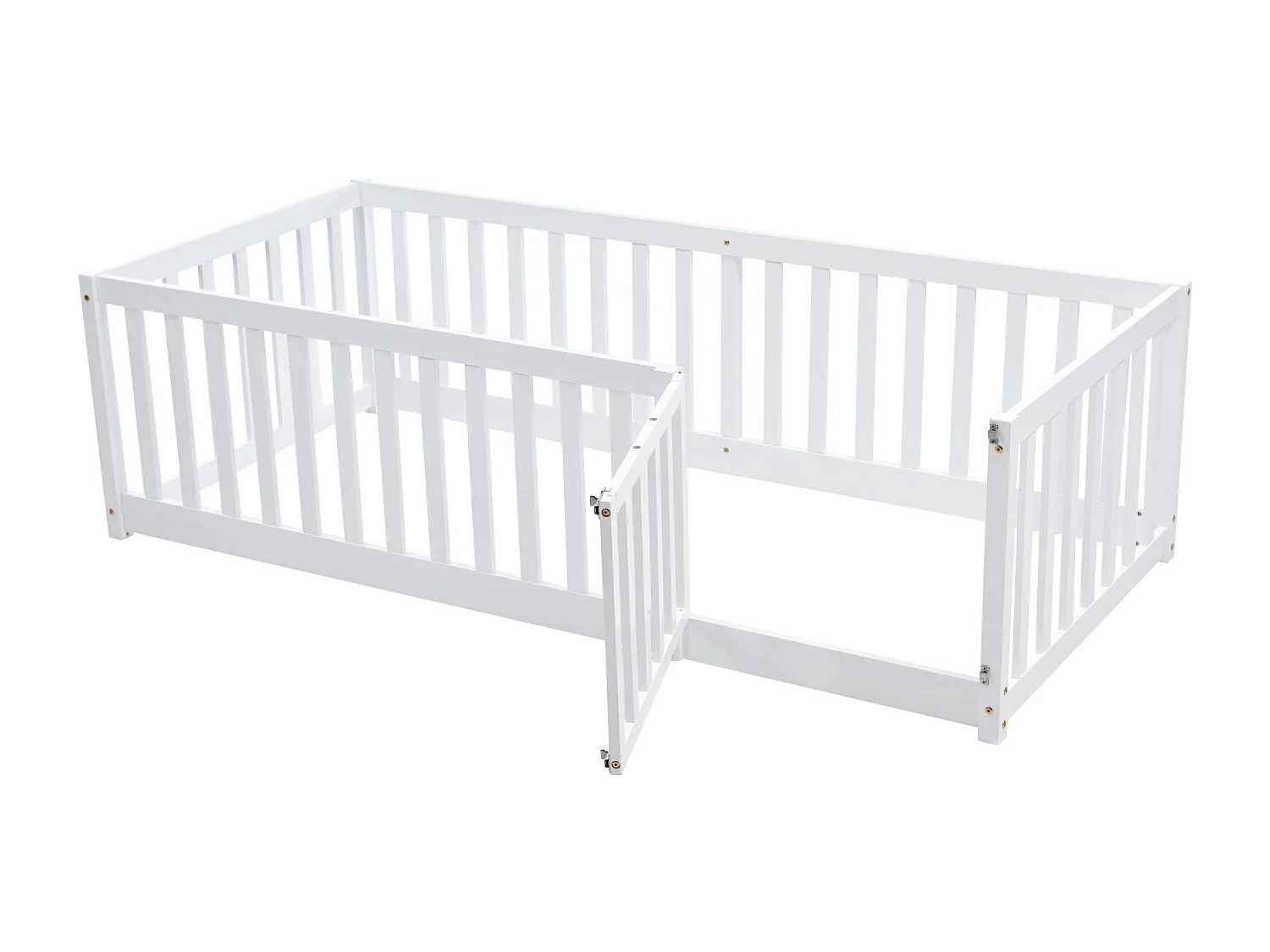 Lit enfant 90x200 avec cadre en bois, clôture et porte, blanc (206x97x60 cm)