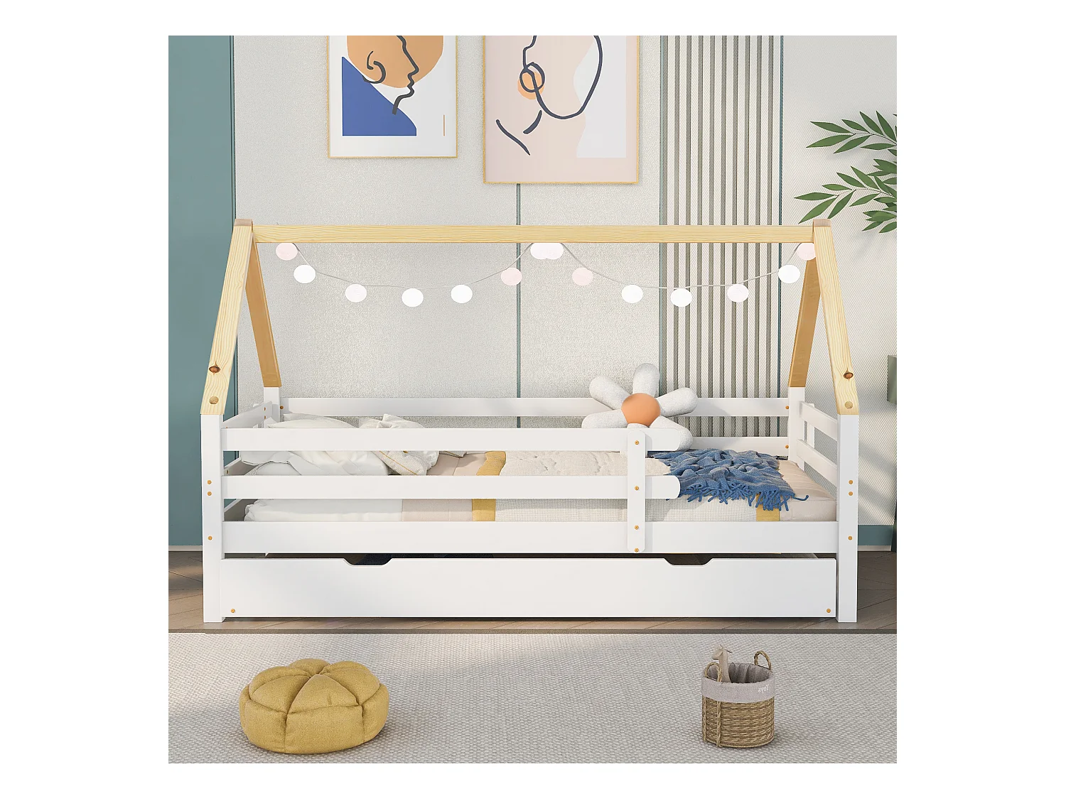 Lit Maison Extensible, Lit Enfant, Lit Simple et Double, Bois Massif, Blanc + Nature (200x90cm)