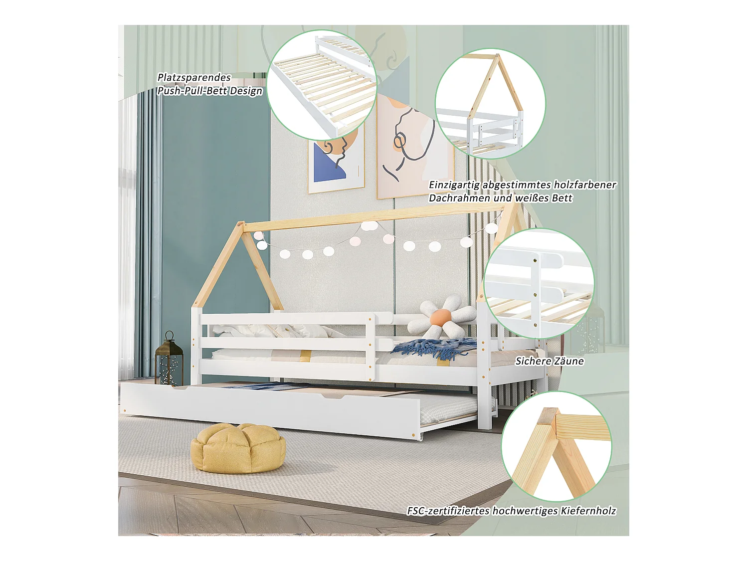 Lit Maison Extensible, Lit Enfant, Lit Simple et Double, Bois Massif, Blanc + Nature (200x90cm)