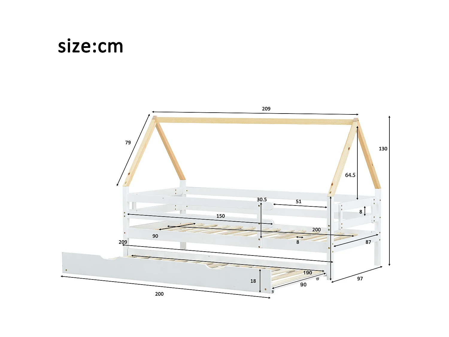 Lit Maison Extensible, Lit Enfant, Lit Simple et Double, Bois Massif, Blanc + Nature (200x90cm)