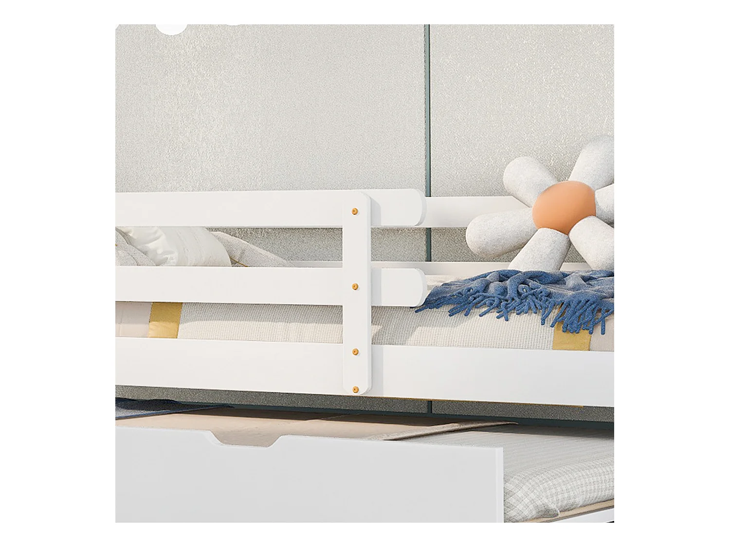 Lit Maison Extensible, Lit Enfant, Lit Simple et Double, Bois Massif, Blanc + Nature (200x90cm)