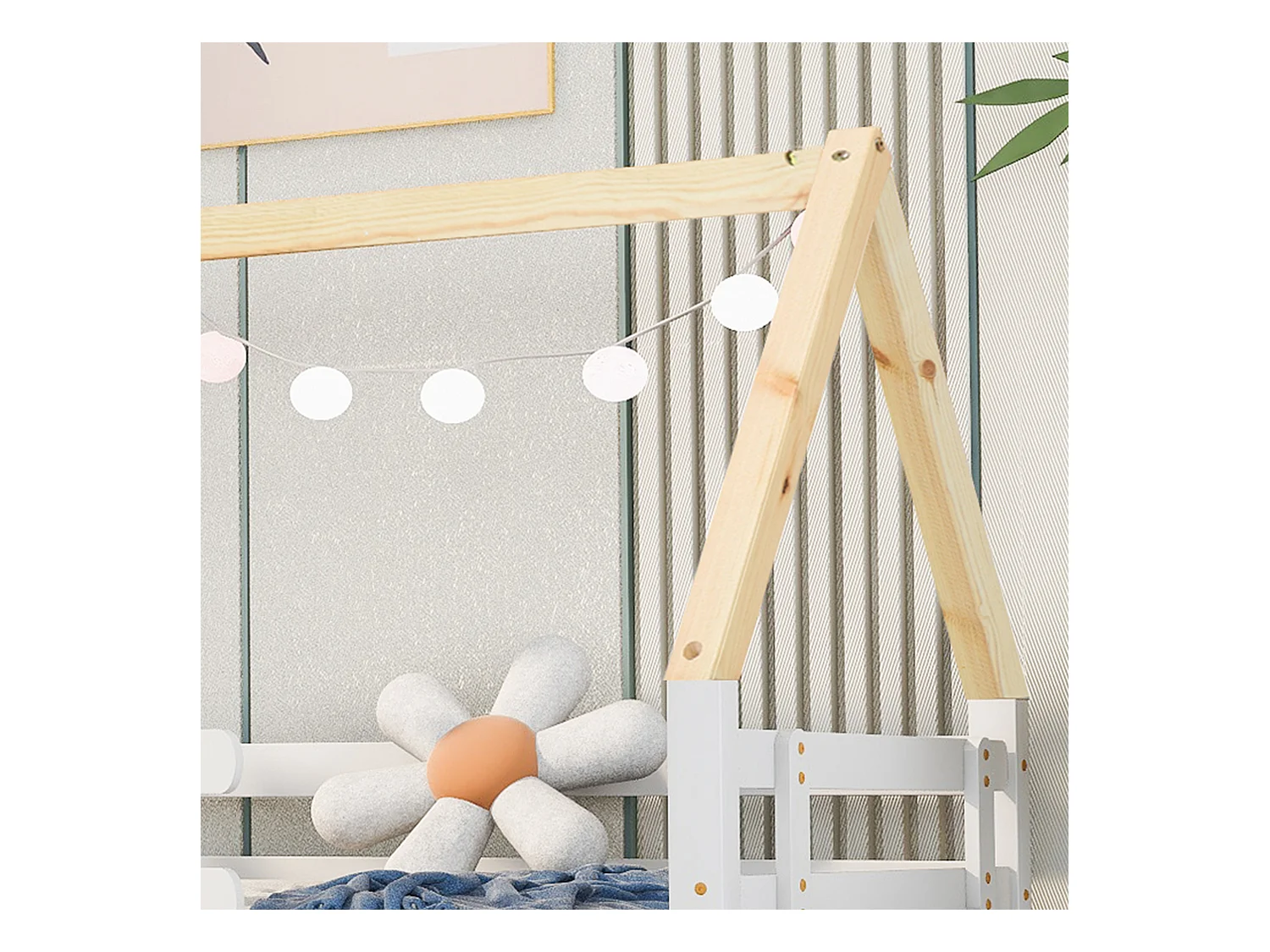 Lit Maison Extensible, Lit Enfant, Lit Simple et Double, Bois Massif, Blanc + Nature (200x90cm)