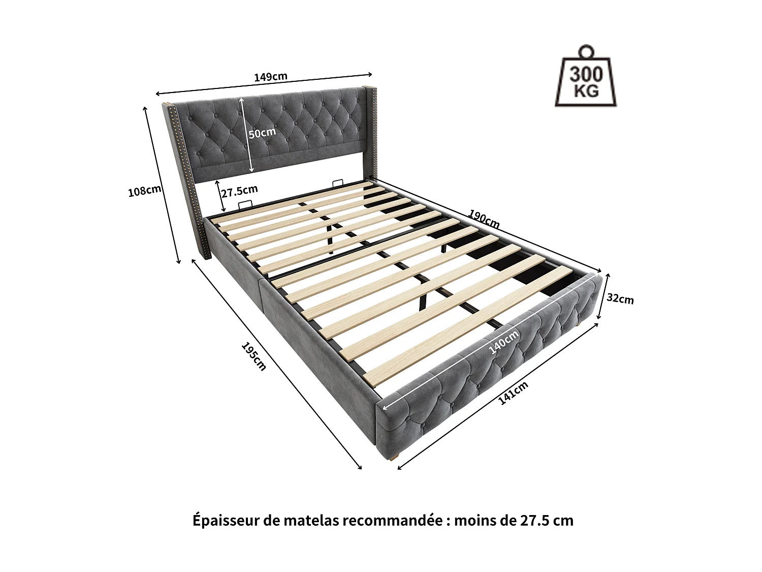 Letto imbottito 140x190 cm con testiera e rete a doghe, bottoni, chiodini decorativi, gambe in legno, velluto grigio (140x190x108 cm) ### Dettagli del prodotto: