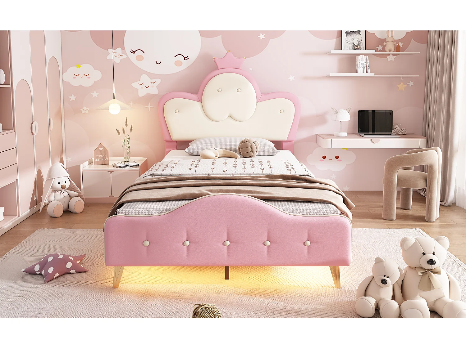 Lit enfant avec protection, tête de lit avec couronne, LED monochrome, pieds métalliques, PU, Rose + Blanc, 90x200cm