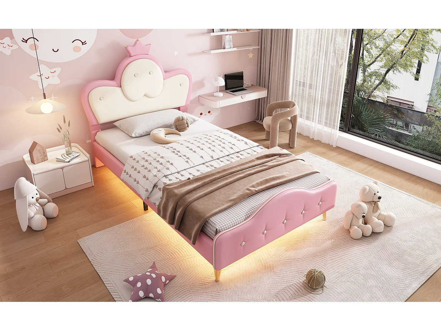 Lit enfant avec protection, tête de lit avec couronne, LED monochrome, pieds métalliques, PU, Rose + Blanc, 90x200cm