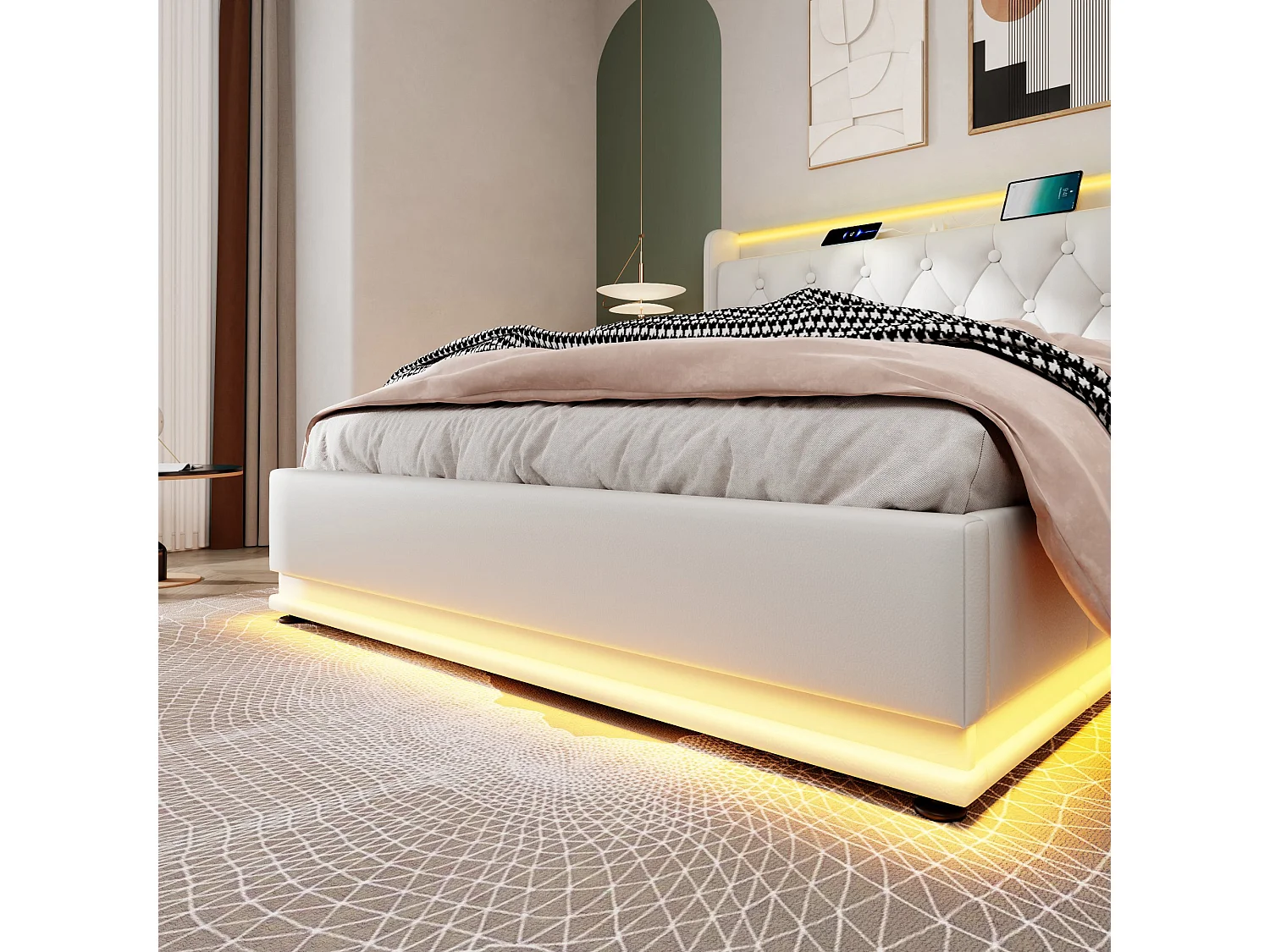 Tweepersoonsbed met 360° LED en hydraulische opbergruimte, hoofdeinde met USB-C-aansluiting, wit PU, 140x200 cm