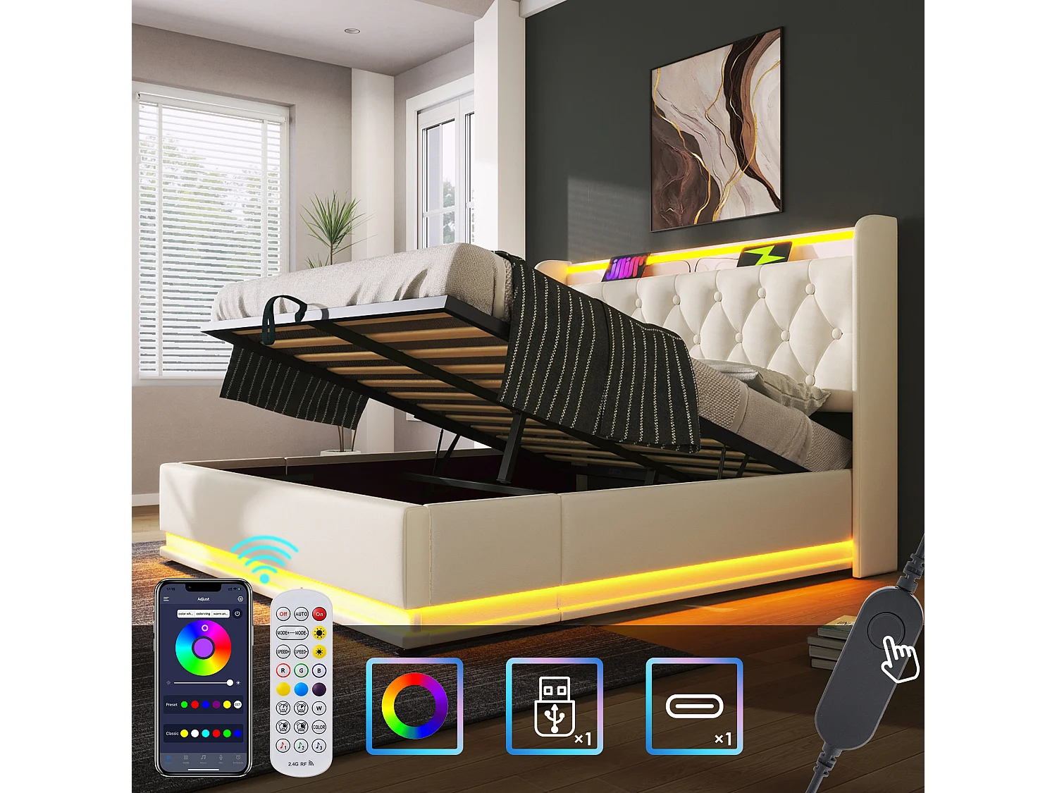 Cama doble con LED 360° y almacenaje hidráulico, cabecero con puerto USB-C, PU blanco, 140x200 cm