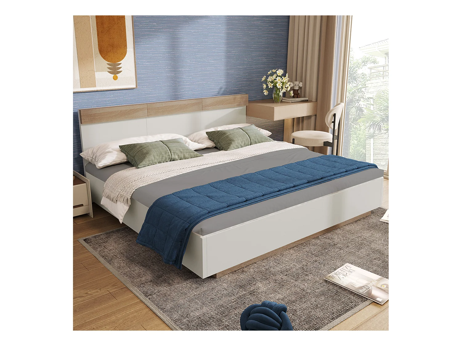 Lit double flottant avec tête de lit, sommier en bois, Sonoma chêne et blanc (205x184x90.5cm)