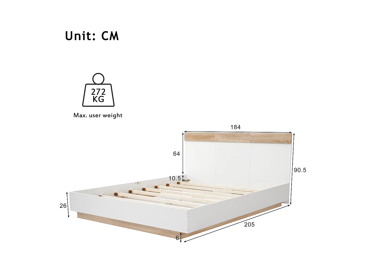 Lit double flottant avec tête de lit, sommier en bois, Sonoma chêne et blanc (205x184x90.5cm)