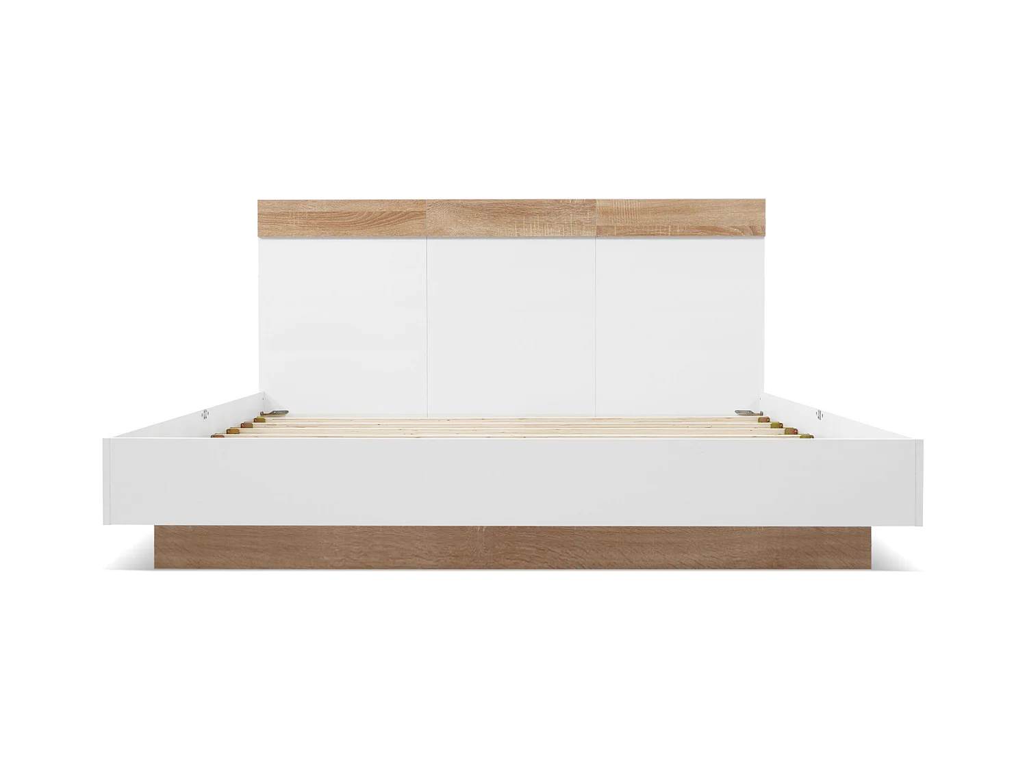 Lit double flottant avec tête de lit, sommier en bois, Sonoma chêne et blanc (205x184x90.5cm)
