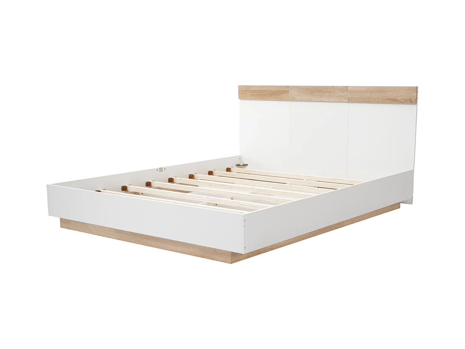 Lit double flottant avec tête de lit, sommier en bois, Sonoma chêne et blanc (205x184x90.5cm)