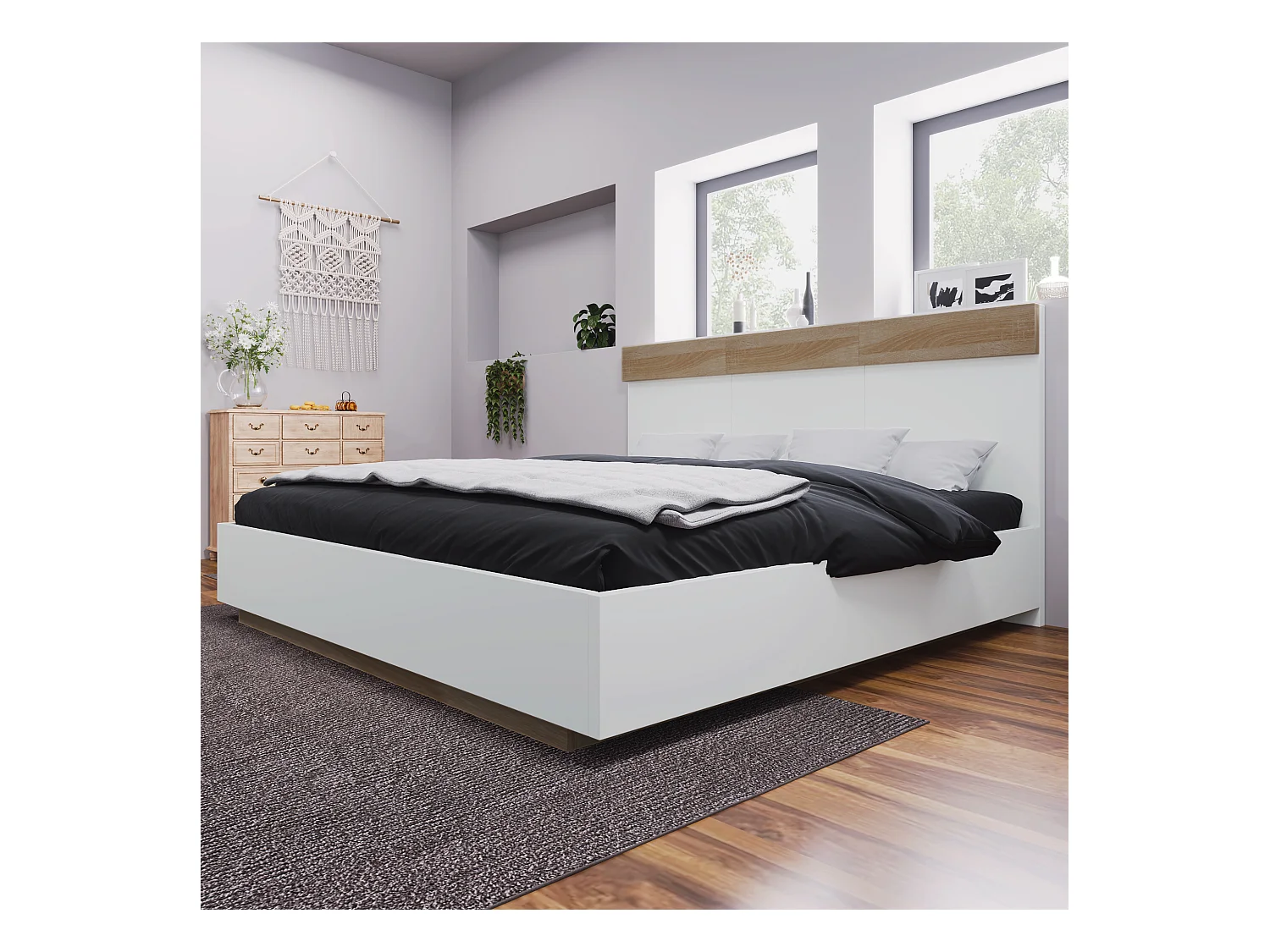 Lit double flottant avec tête de lit, sommier en bois, Sonoma chêne et blanc (205x184x90.5cm)