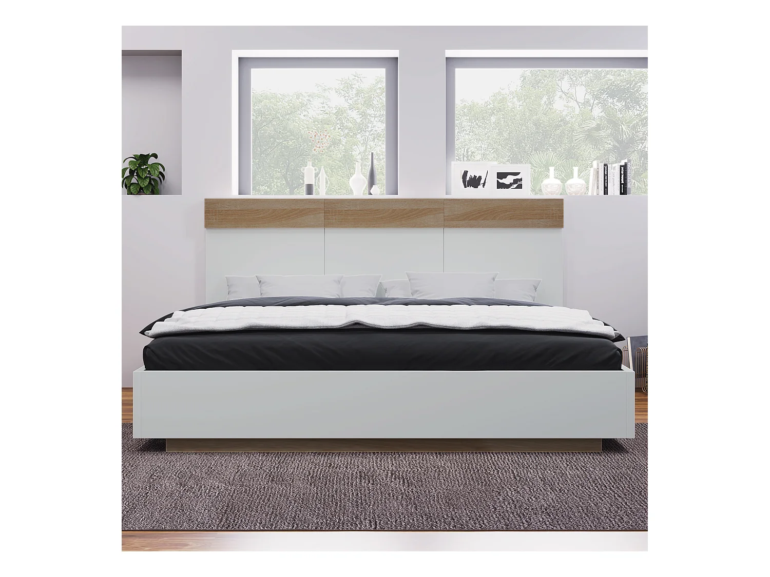 Lit double flottant avec tête de lit, sommier en bois, Sonoma chêne et blanc (205x184x90.5cm)