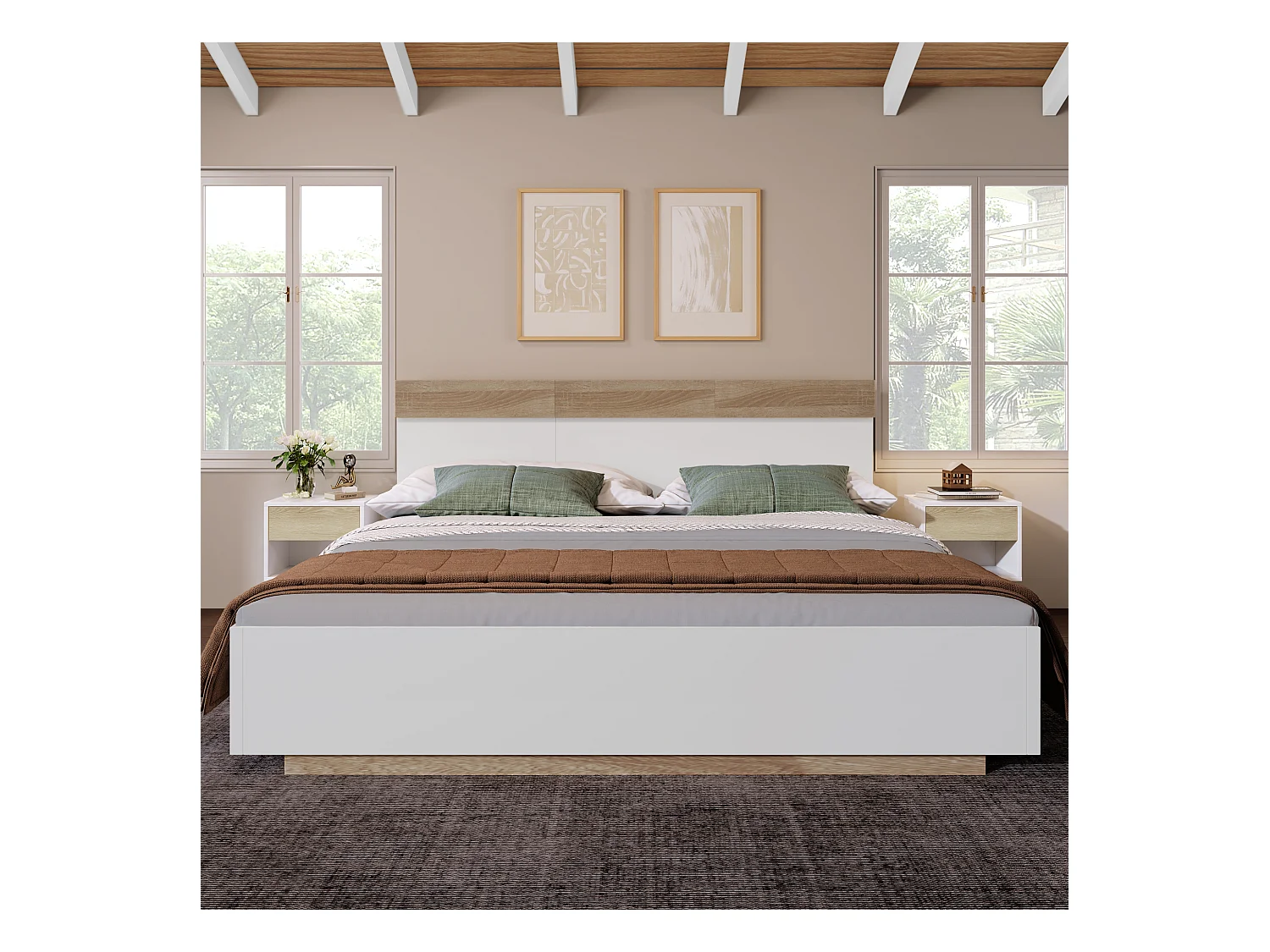 Lit double flottant avec tête de lit, sommier en bois, Sonoma chêne et blanc (205x184x90.5cm)