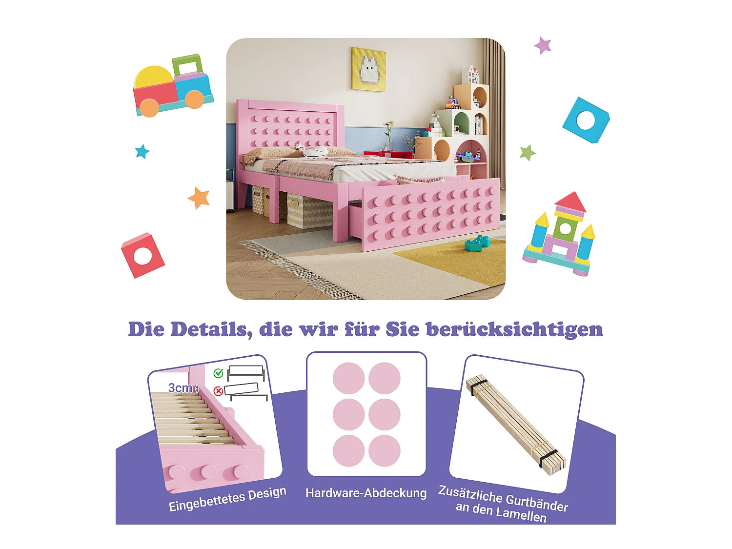 Kinderbed 90x200 cm, massief houten frame, lattenbodem, lades en opbergruimte onder het bed, roze (90x200 cm)