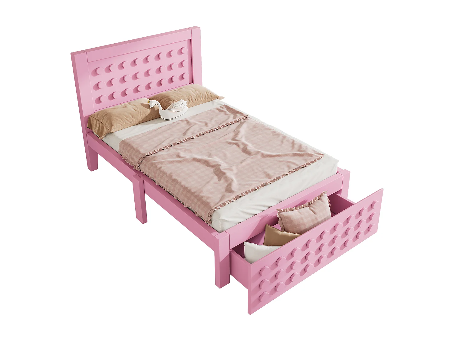 Kinderbed 90x200 cm, massief houten frame, lattenbodem, lades en opbergruimte onder het bed, roze (90x200 cm)