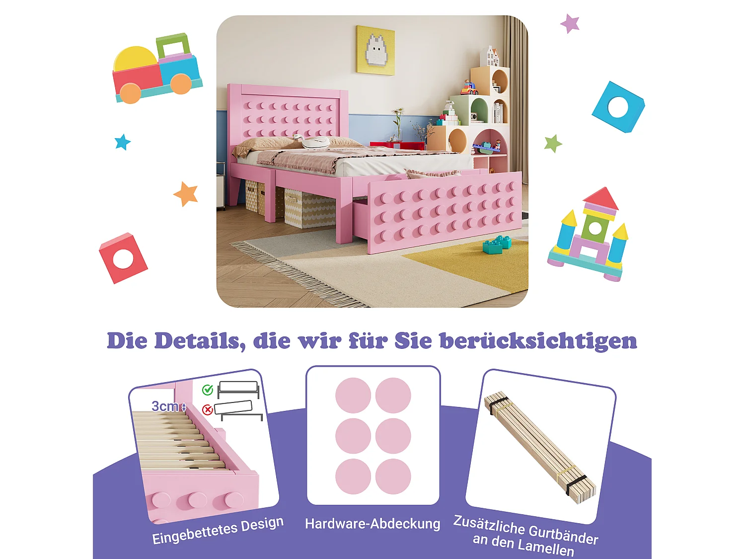 Lit Enfant 90x200 cm, structure bois massif, sommier à lattes, tiroirs et rangement sous le lit, rose (90x200 cm)