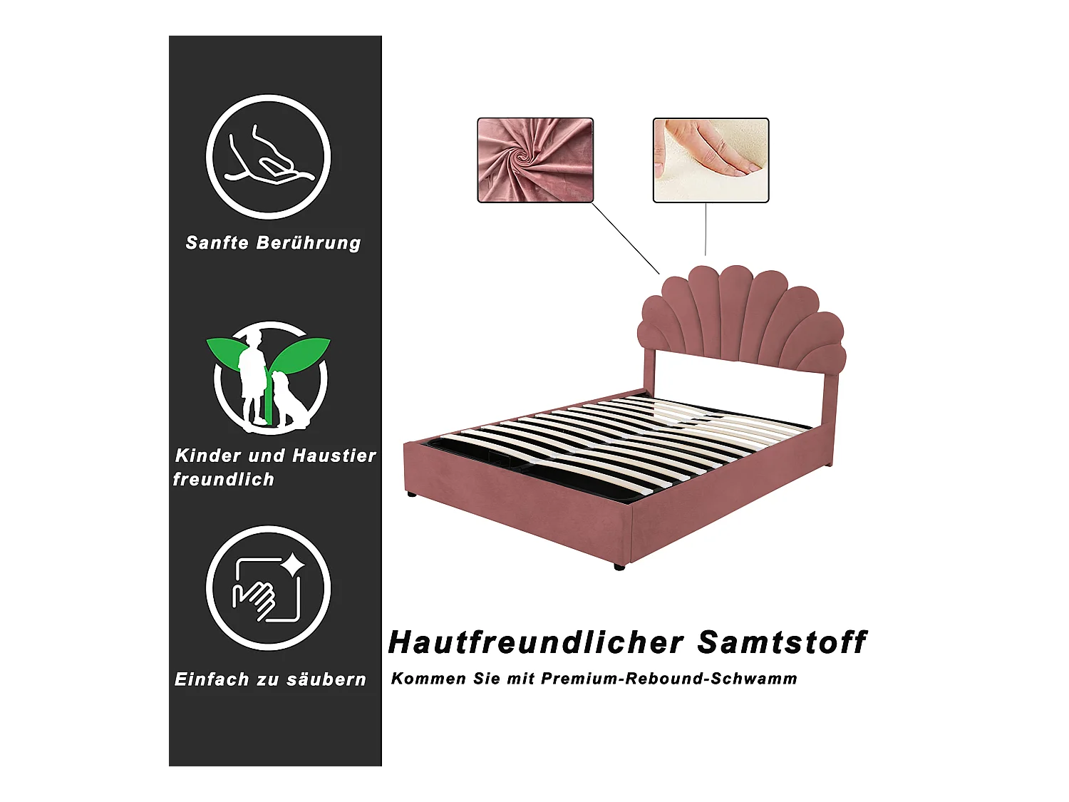 Cama de 140x200 cm con cabecero floral, sistema de almacenaje hidráulico, tejido de terciopelo, color blanco (203x140x119 cm)