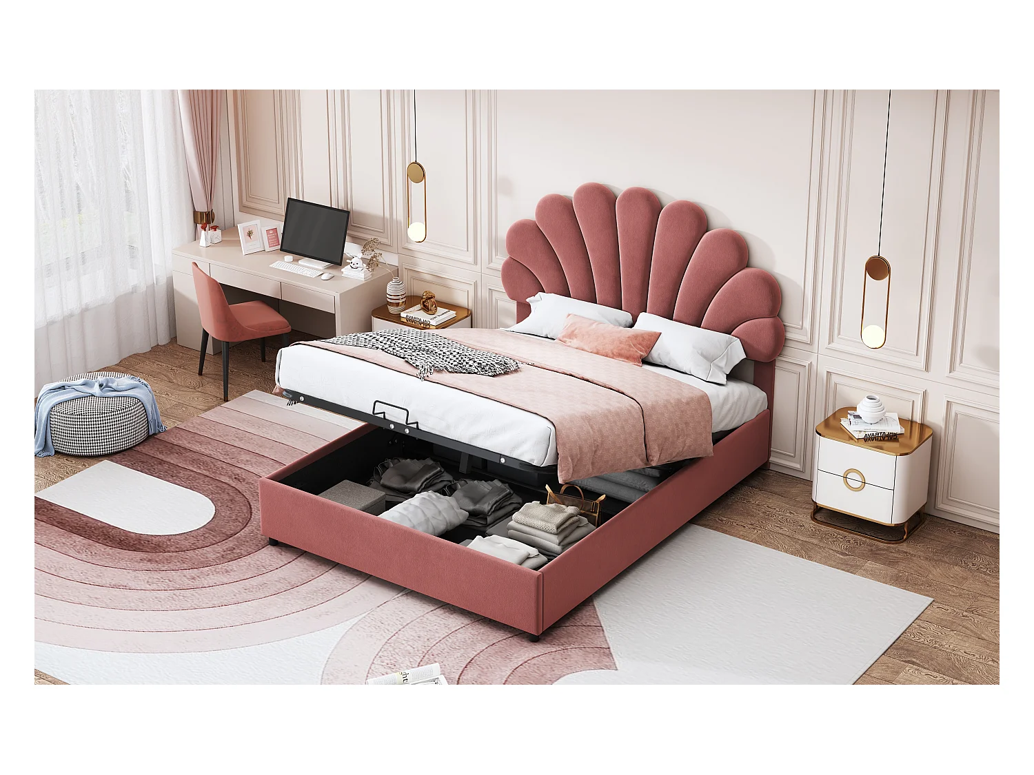 Letto 140x200 cm con testiera floreale, sistema contenitore idraulico, tessuto in velluto, bianco (203x140x119 cm)