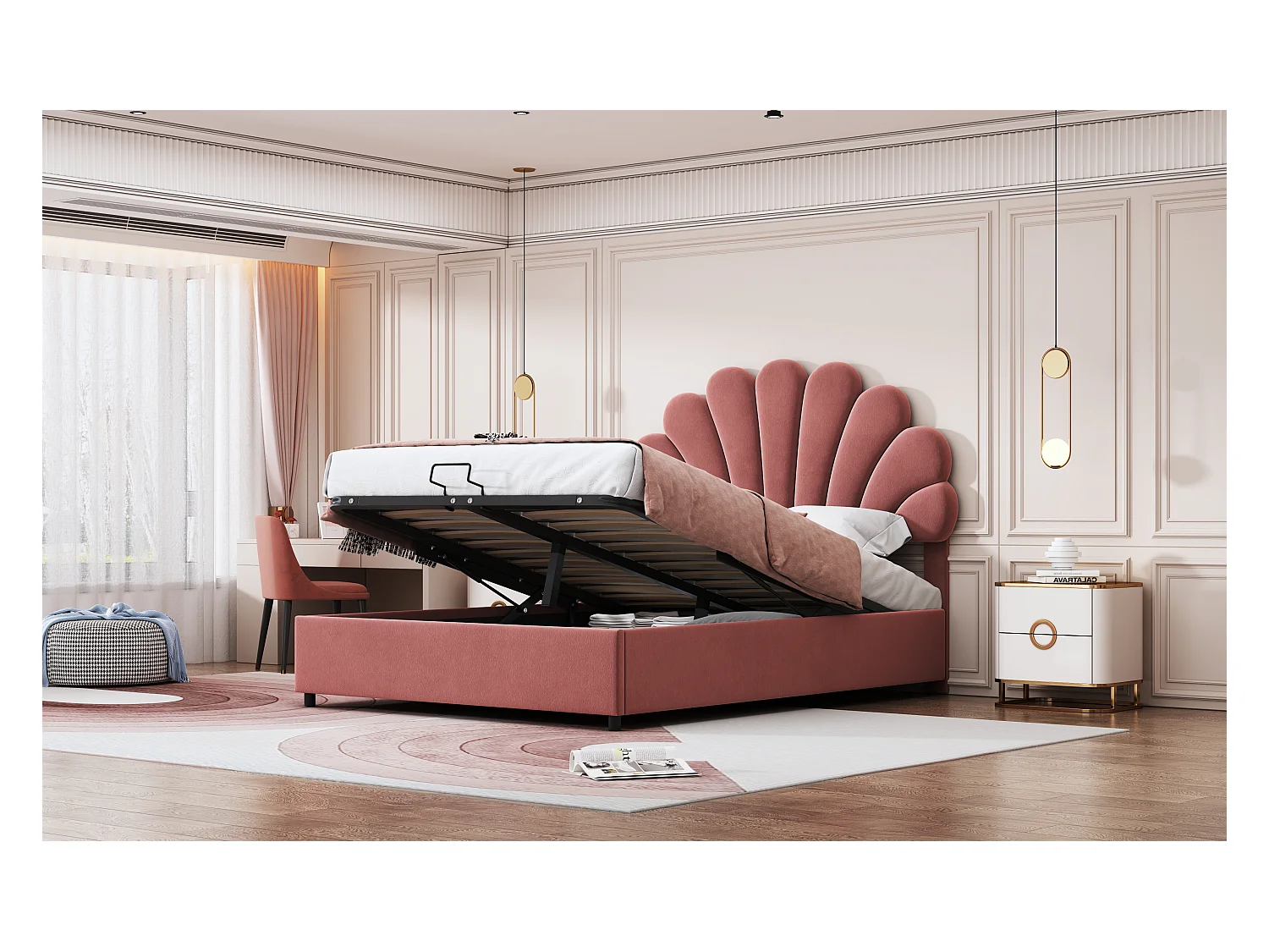 Letto 140x200 cm con testiera floreale, sistema contenitore idraulico, tessuto in velluto, bianco (203x140x119 cm)