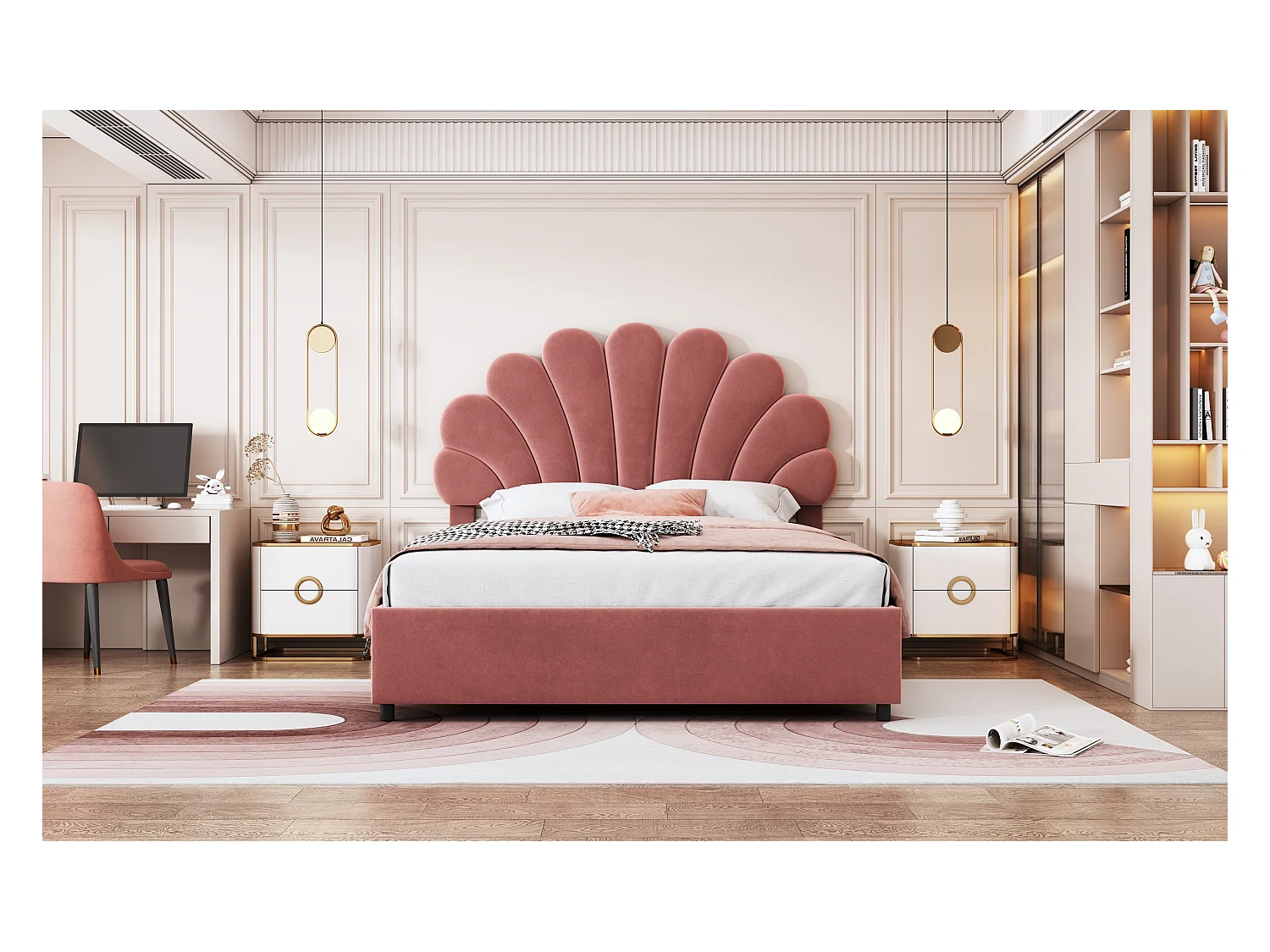 Letto 140x200 cm con testiera floreale, sistema contenitore idraulico, tessuto in velluto, bianco (203x140x119 cm)