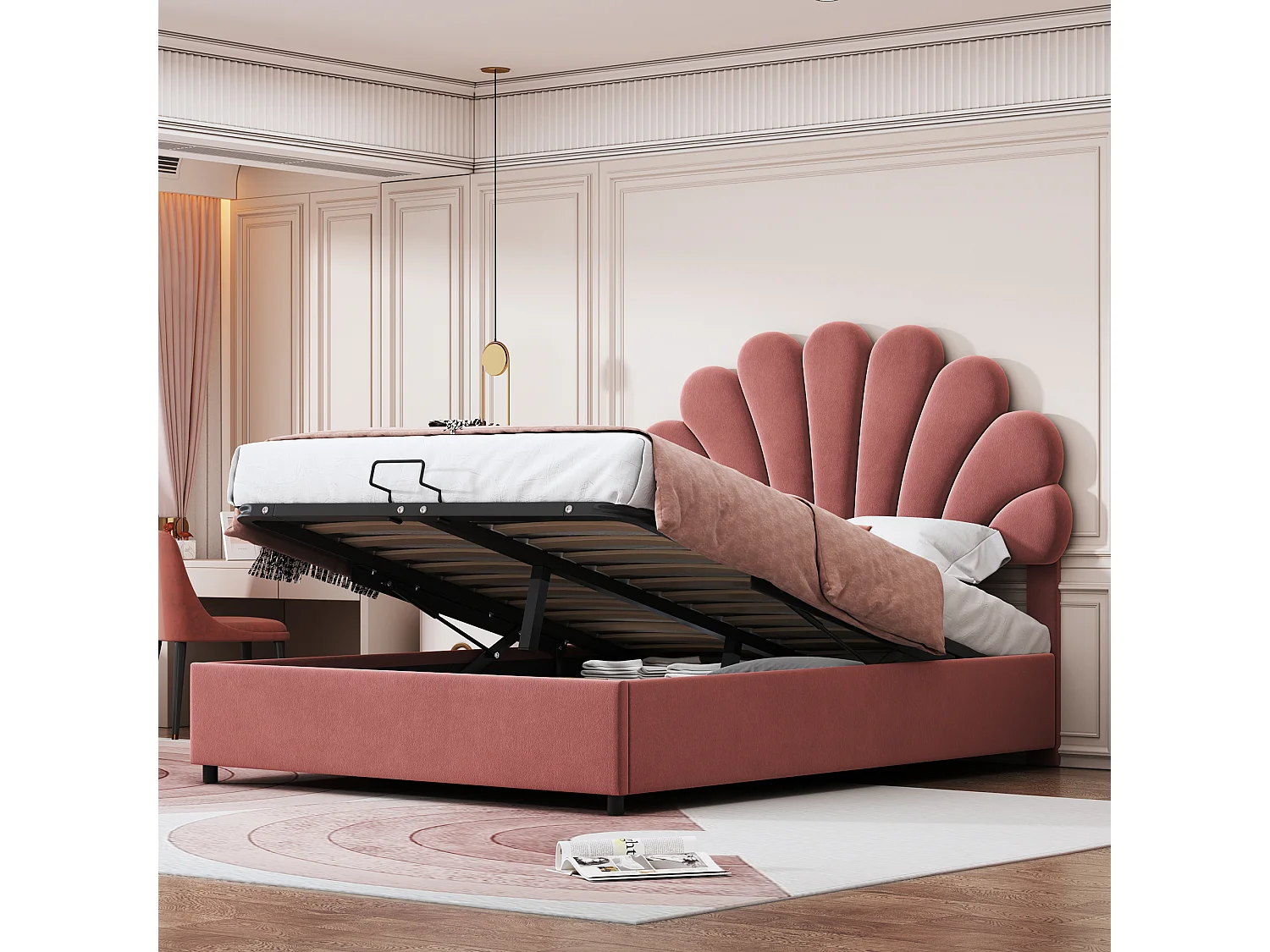 Letto 140x200 cm con testiera floreale, sistema contenitore idraulico, tessuto in velluto, bianco (203x140x119 cm)