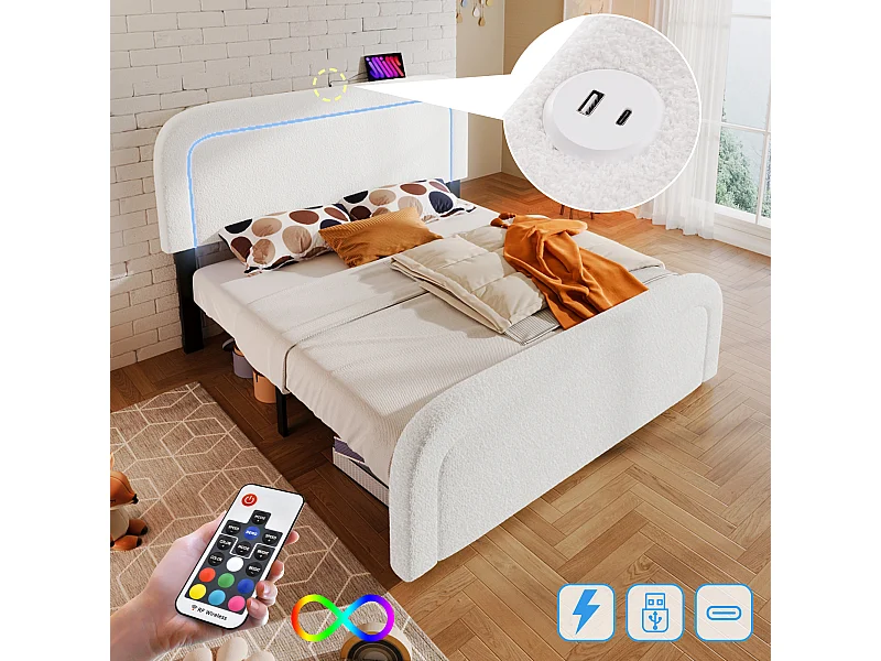 Tweepersoonsbed met USB Type C-oplader en LED, 160x200 cm, witte Sherpa, verstelbaar hoofdeinde (afmetingen: 208x170x102,5 cm)