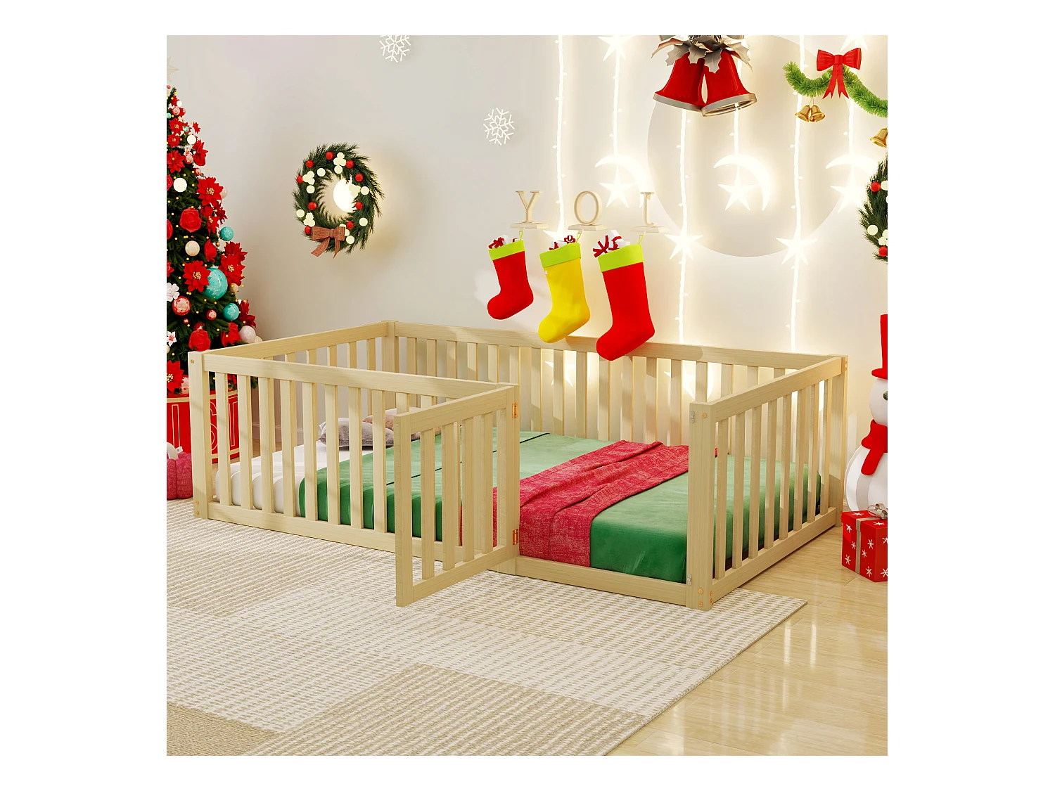 Lit enfant 90x200 cm avec clôture et porte, cadre en bois naturel, conçu pour les enfants et les adolescents (206x97x60 cm)