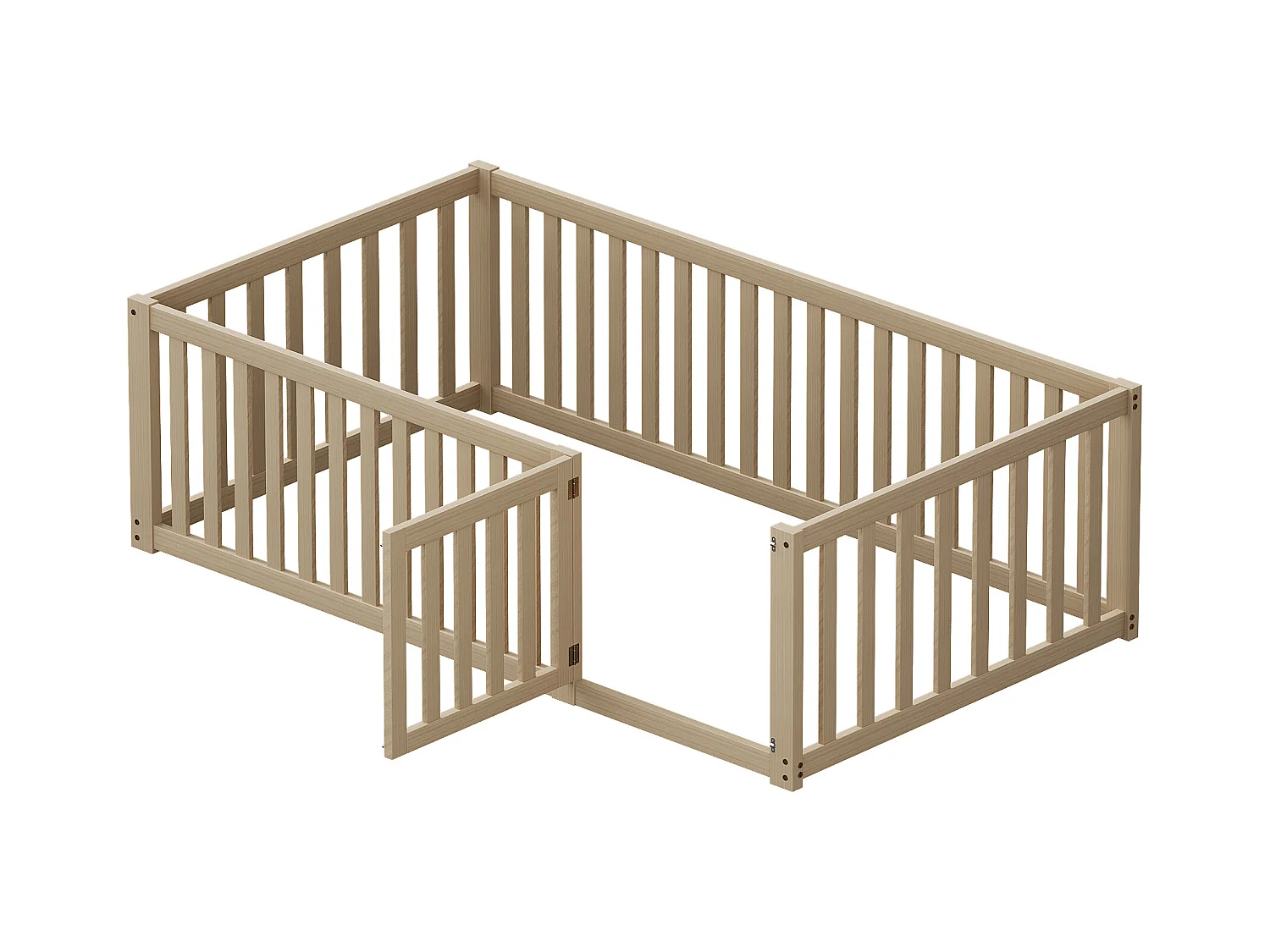 Lit enfant 90x200 cm avec clôture et porte, cadre en bois naturel, conçu pour les enfants et les adolescents (206x97x60 cm)