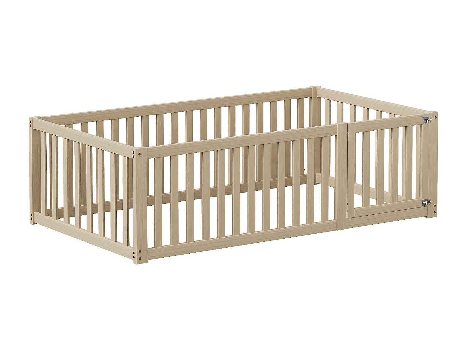 Kinderbed 90x200 cm met hek en deur, frame van natuurlijk hout, ontworpen voor kinderen en tieners (206x97x60 cm)