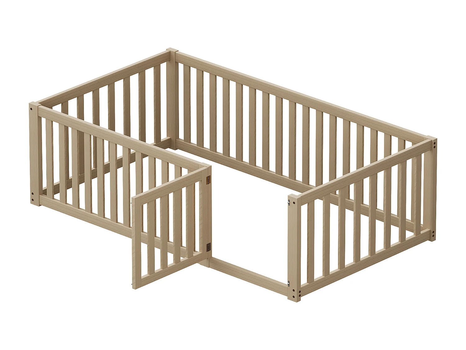 Kinderbed 90x200 cm met hek en deur, frame van natuurlijk hout, ontworpen voor kinderen en tieners (206x97x60 cm)