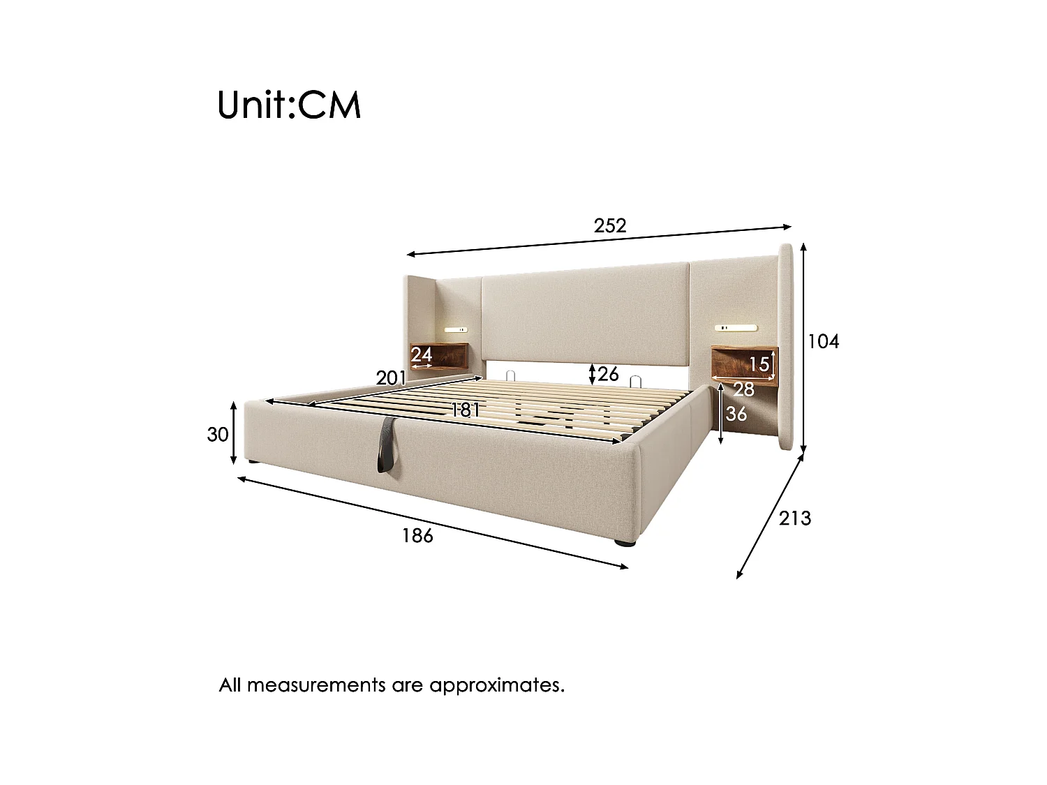 Tweepersoonsbed 180x200 met nachtkastje, leeslamp en USB Type-C oplaadfunctie, bedframe met opbergruimte, massief hout en metaal, beige linnen (213x252x104 cm)