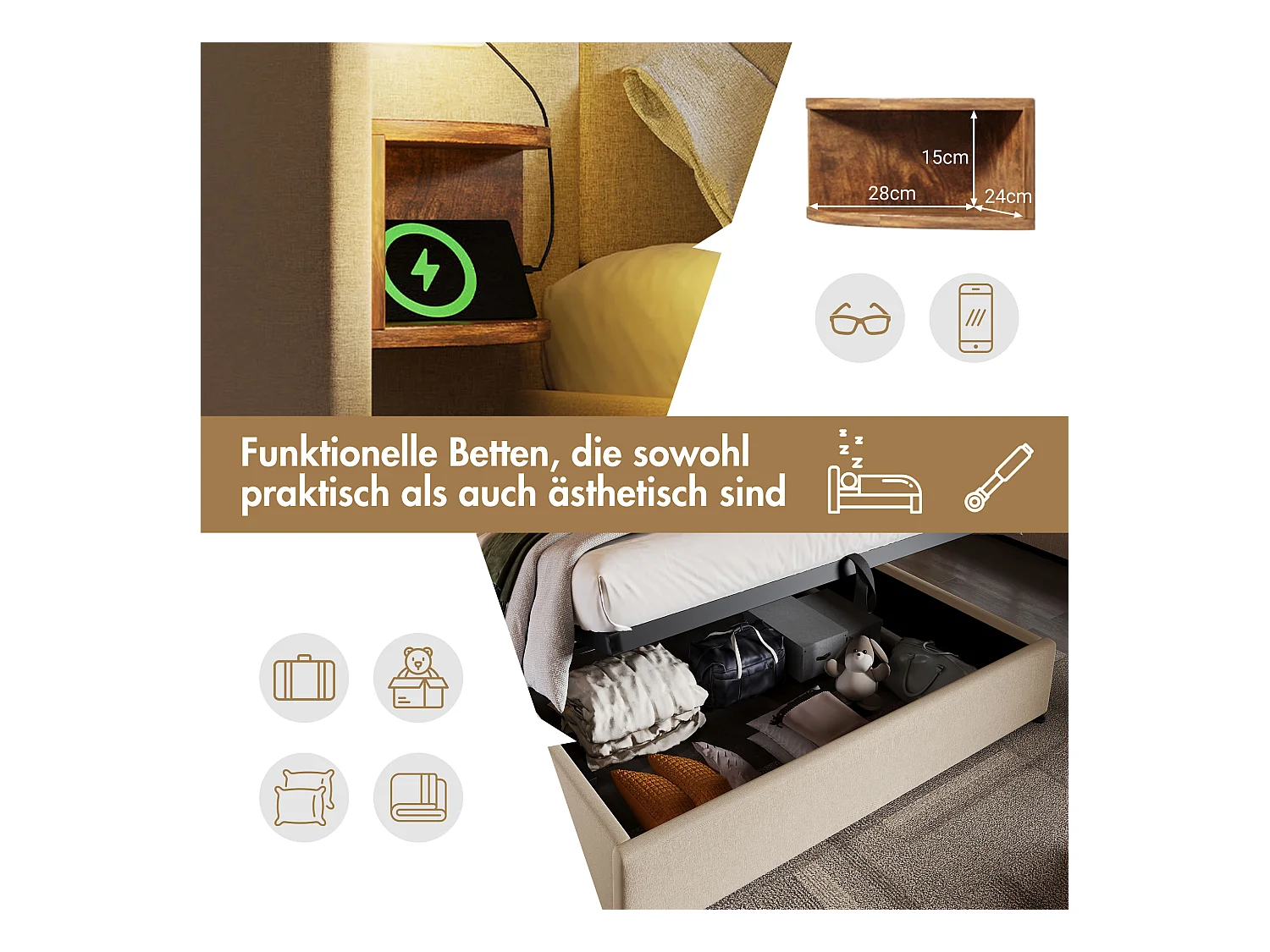 Tweepersoonsbed 180x200 met nachtkastje, leeslamp en USB Type-C oplaadfunctie, bedframe met opbergruimte, massief hout en metaal, beige linnen (213x252x104 cm)