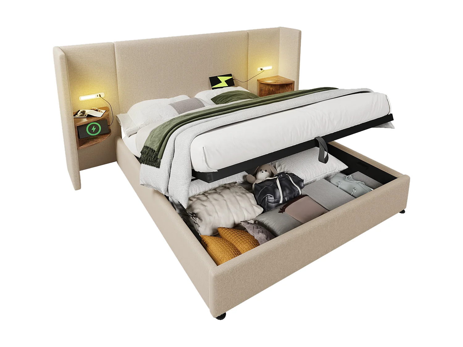 Tweepersoonsbed 180x200 met nachtkastje, leeslamp en USB Type-C oplaadfunctie, bedframe met opbergruimte, massief hout en metaal, beige linnen (213x252x104 cm)