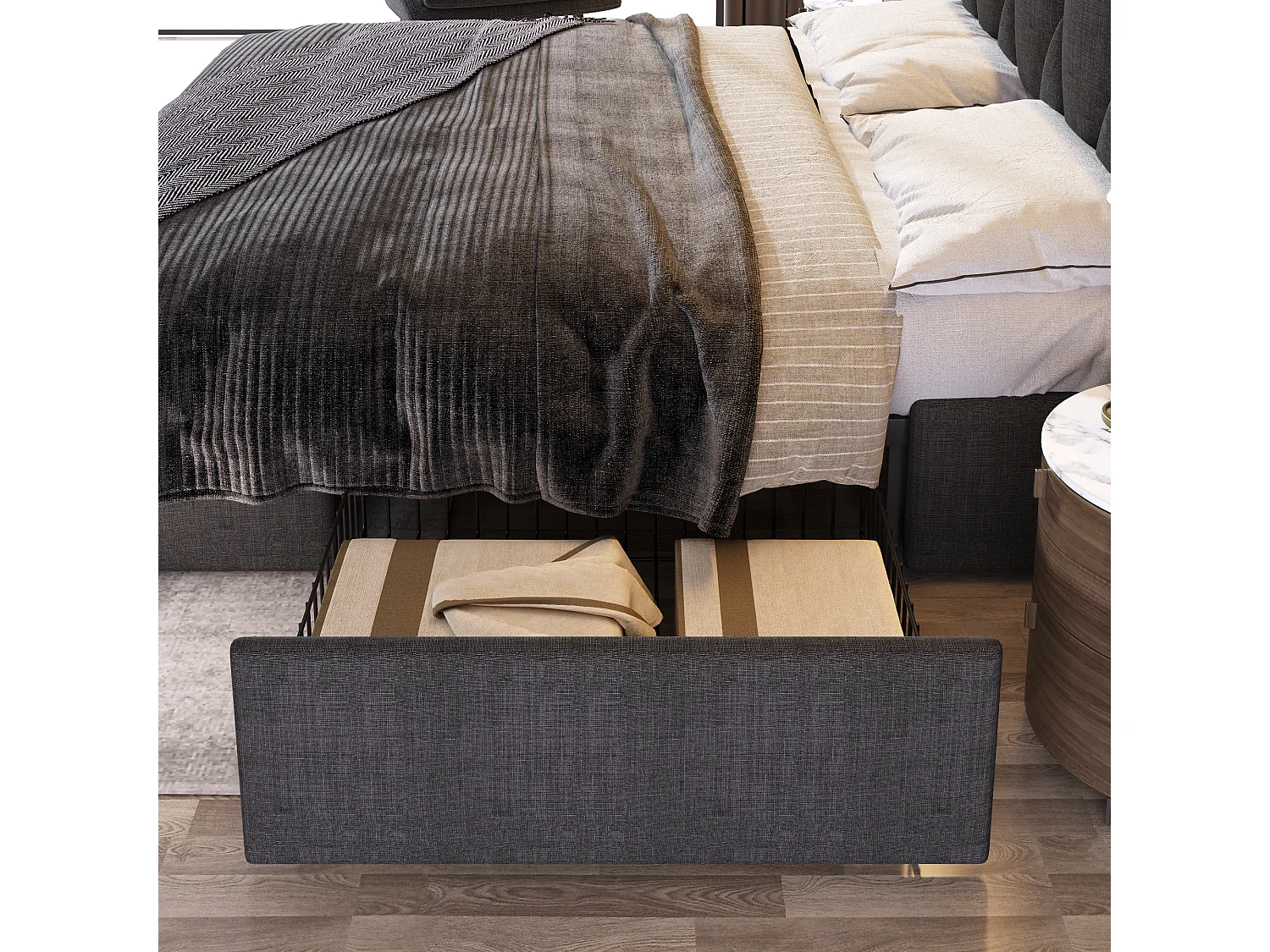 Letto matrimoniale con 4 cassetti e caricabatterie USB integrato, lino grigio, struttura con base in legno (169x217x116cm)
